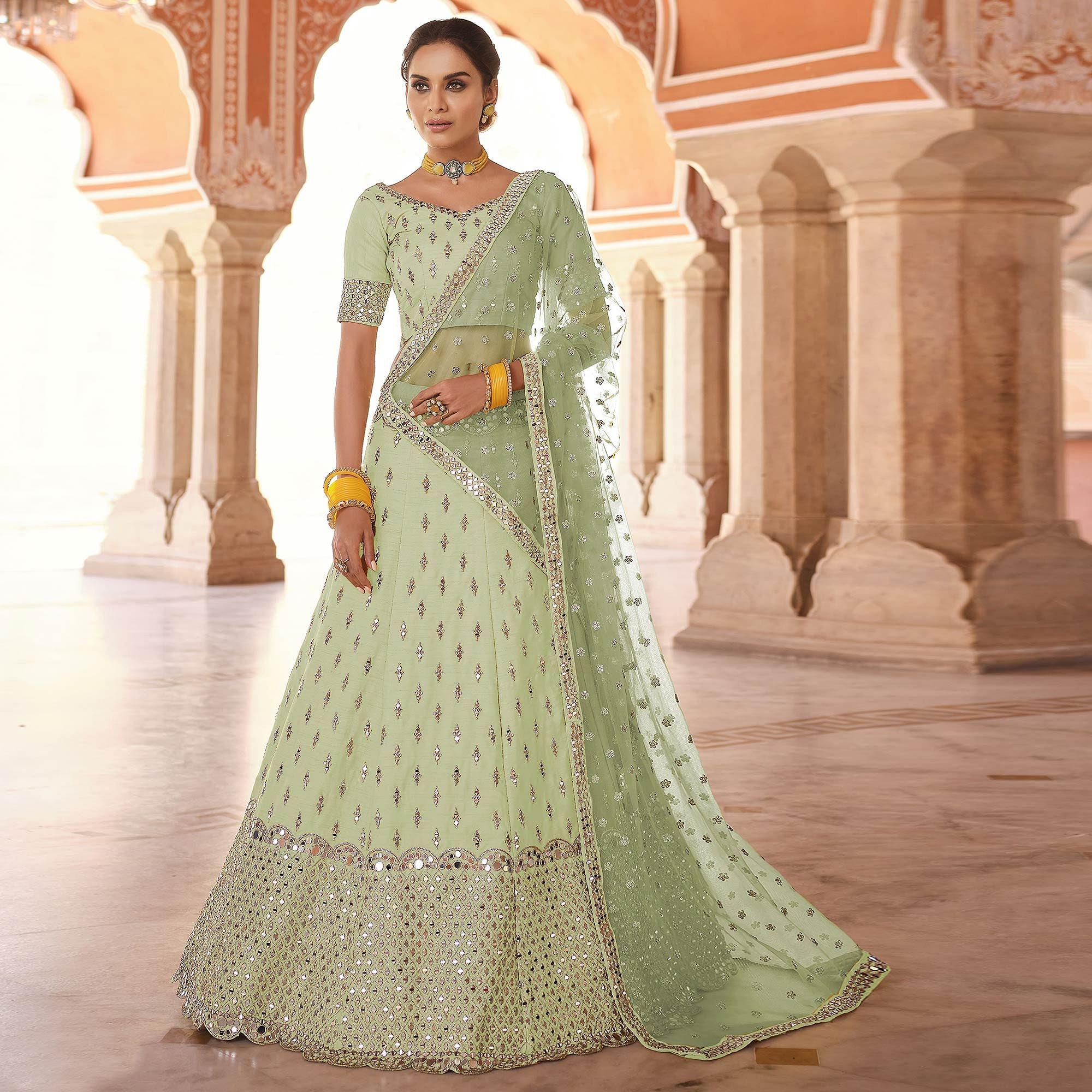 Pista Green Partywear Embellished Art Silk Lehenga Choli - Peachmode
