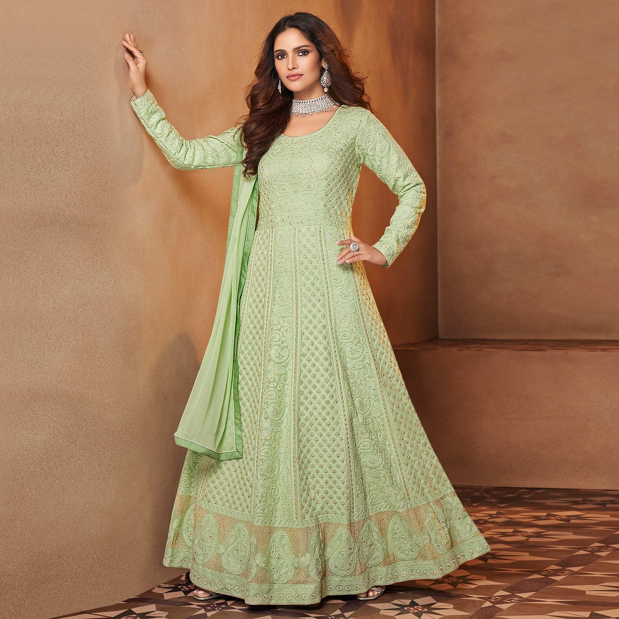 Pista Green Partywear Embroidered Real Georgette Gown - Peachmode