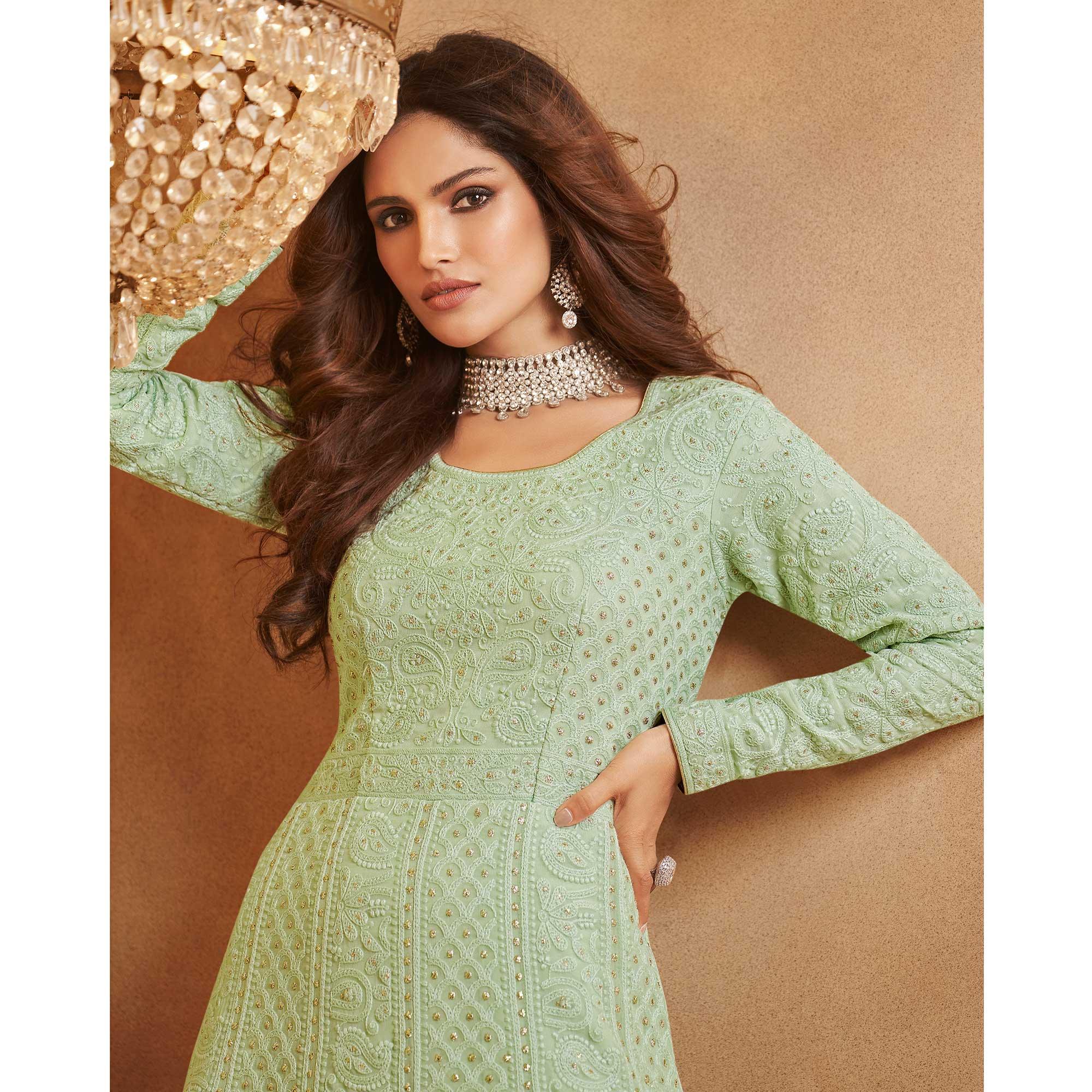 Pista Green Partywear Embroidered Real Georgette Gown - Peachmode