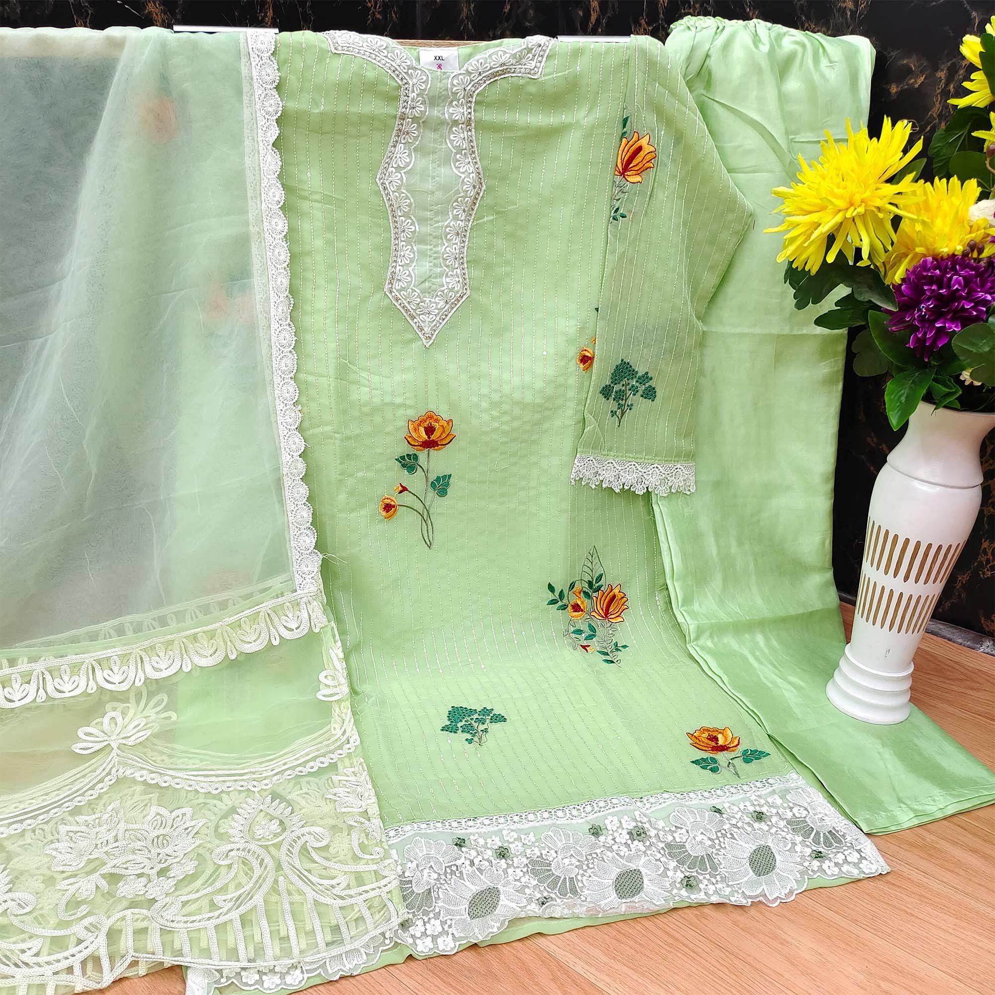 Pista Green Partywear Floral Embroidered Georgette Pakistani Suit - Peachmode