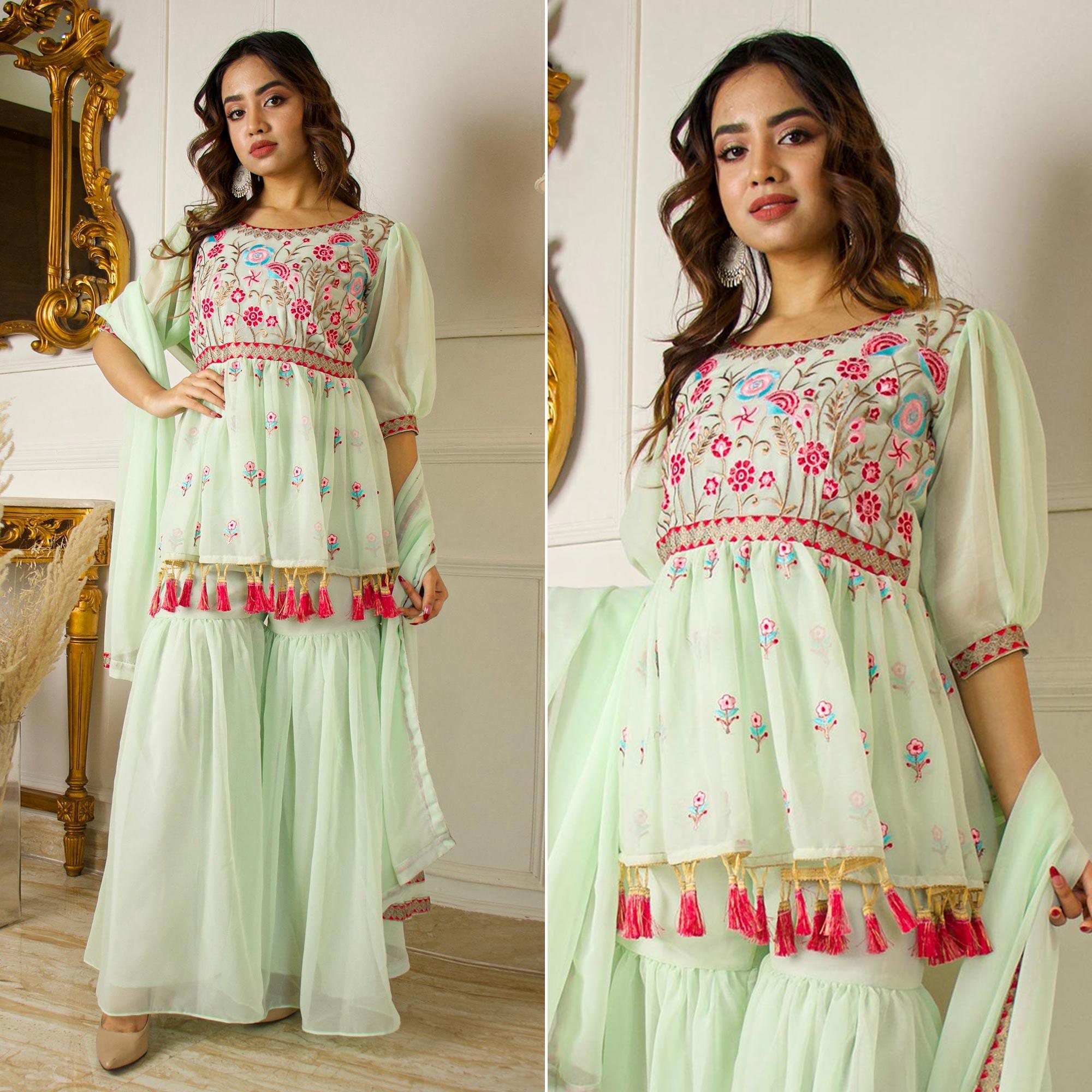 Pista Green Partywear Floral Embroidered Georgette Palazzo Suit With Dupatta - Peachmode