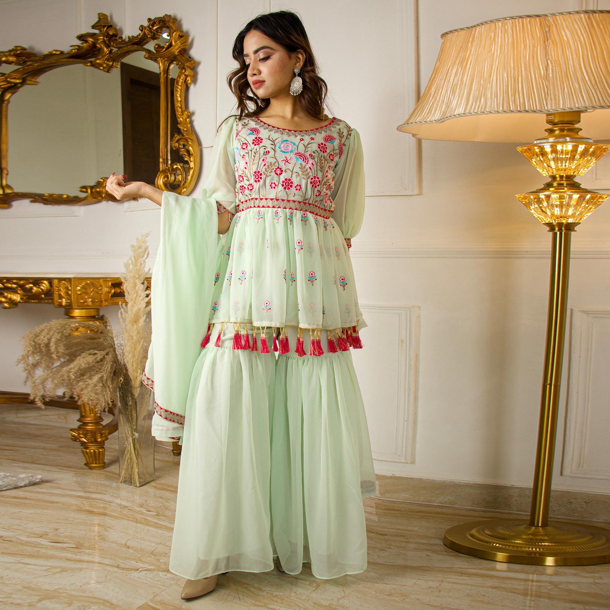 Pista Green Partywear Floral Embroidered Georgette Palazzo Suit With Dupatta - Peachmode