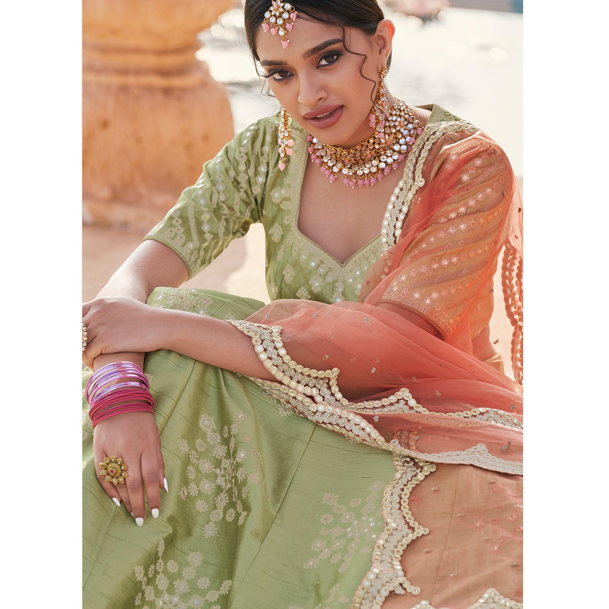 Pista Green Partywear Mirror Work Handloom Silk Lehenga Choli - Peachmode