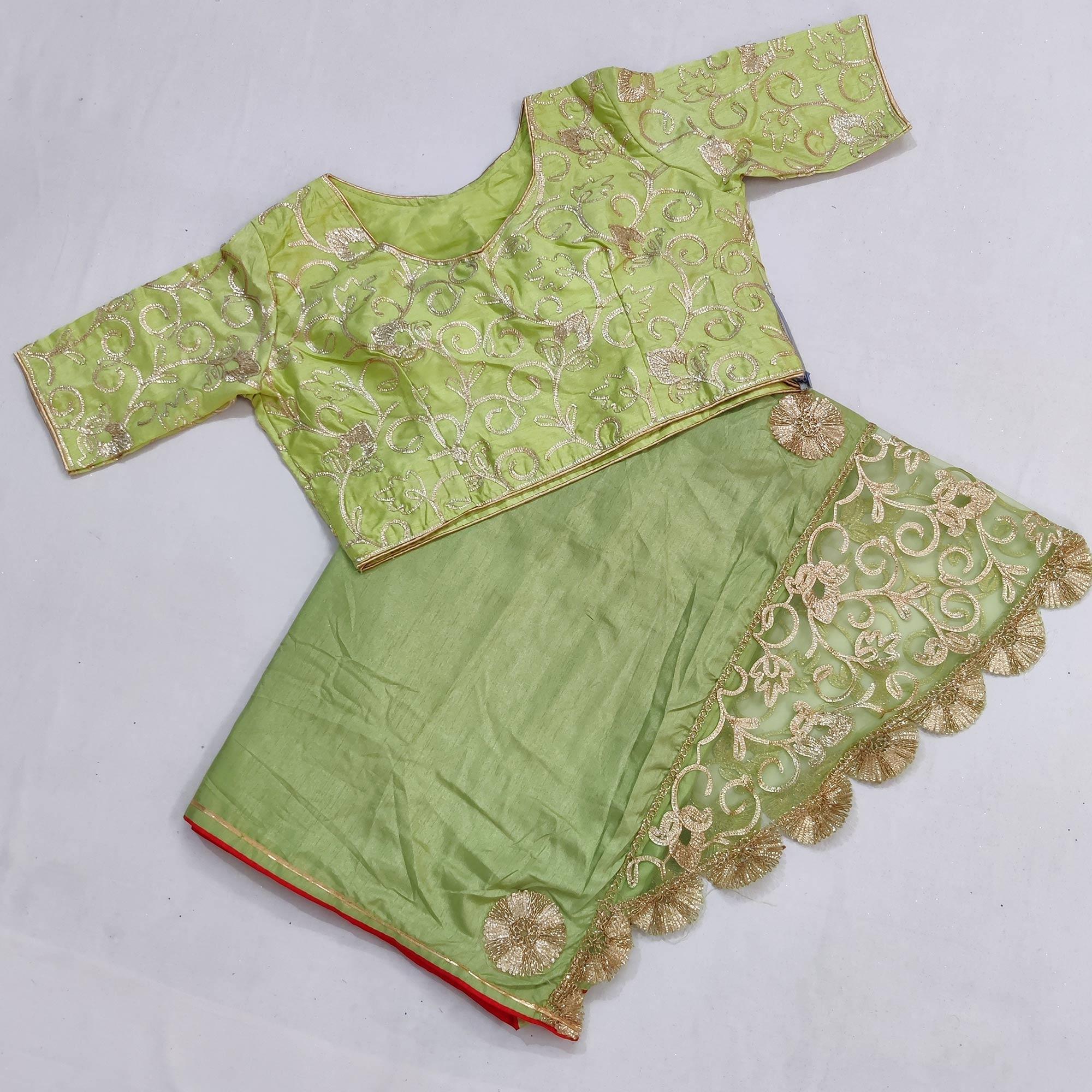 Pista Green Partywear Mukeish Embroidery Dola Silk Saree - Peachmode