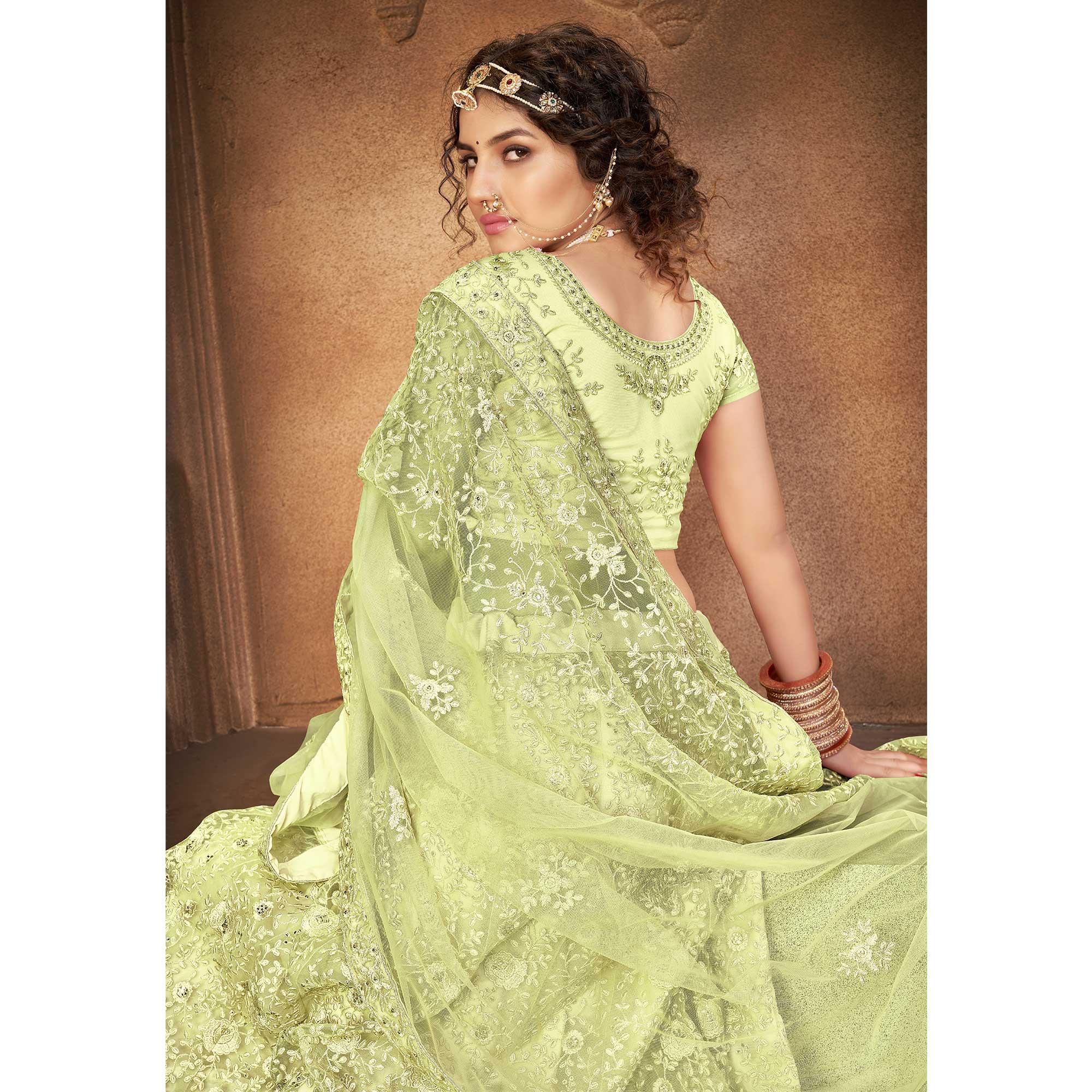 Pista Green Partywear Multi Sequence Embroidered Net Lehenga Choli - Peachmode