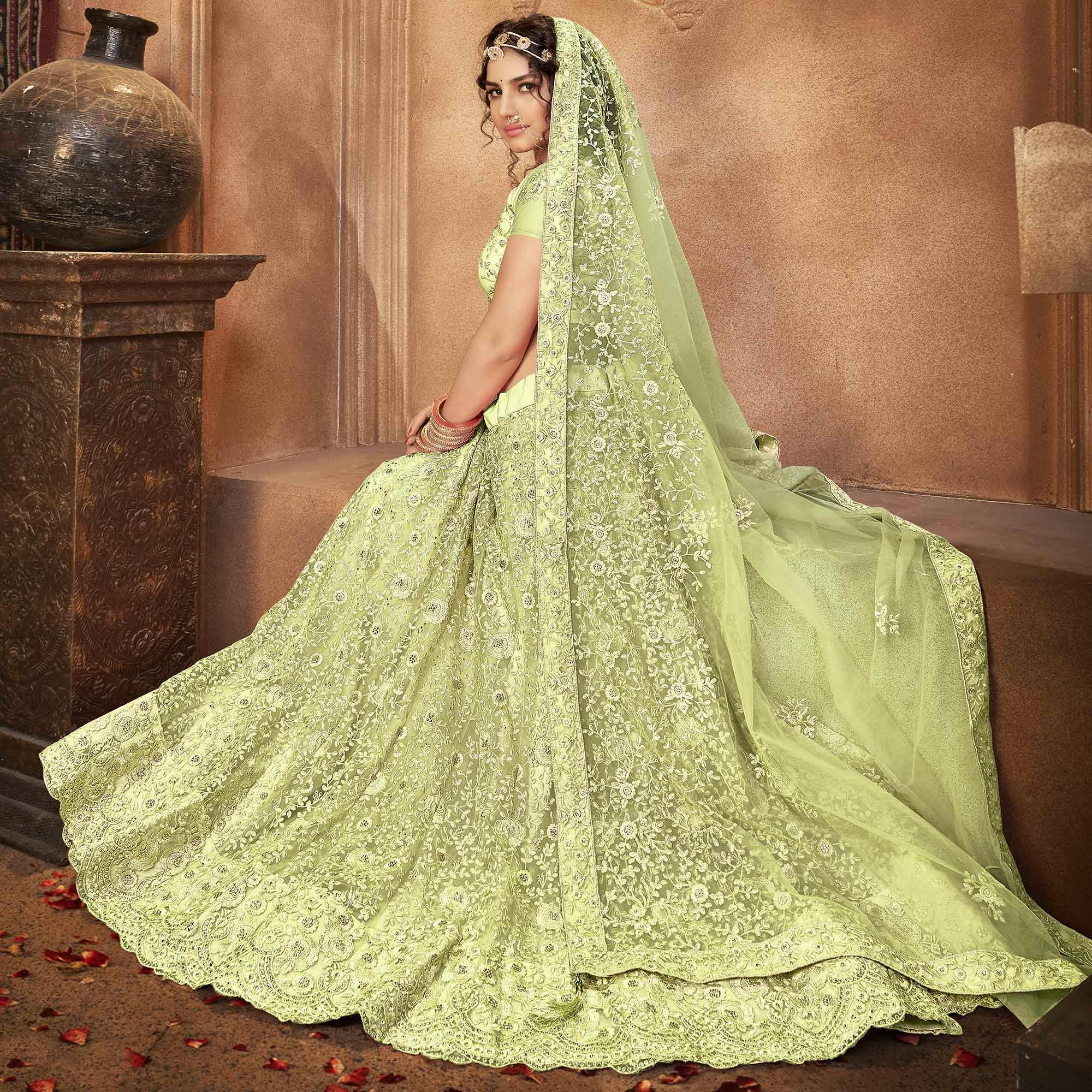 Pista Green Partywear Multi Sequence Embroidered Net Lehenga Choli - Peachmode