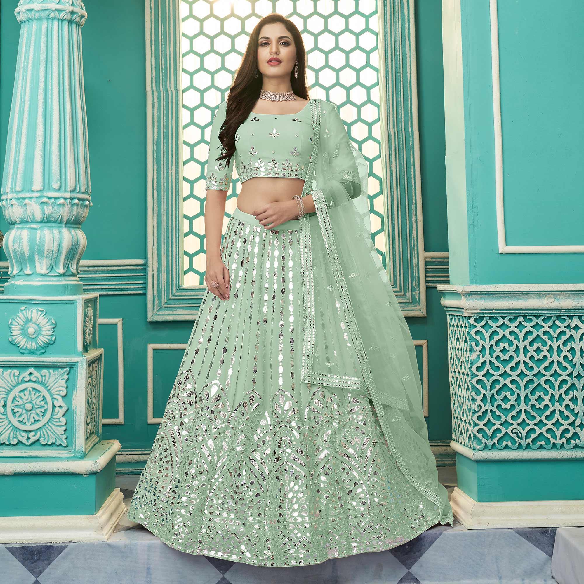 Pista Green Partywear Sequence Embroidered Georgette Lehenga Choli - Peachmode