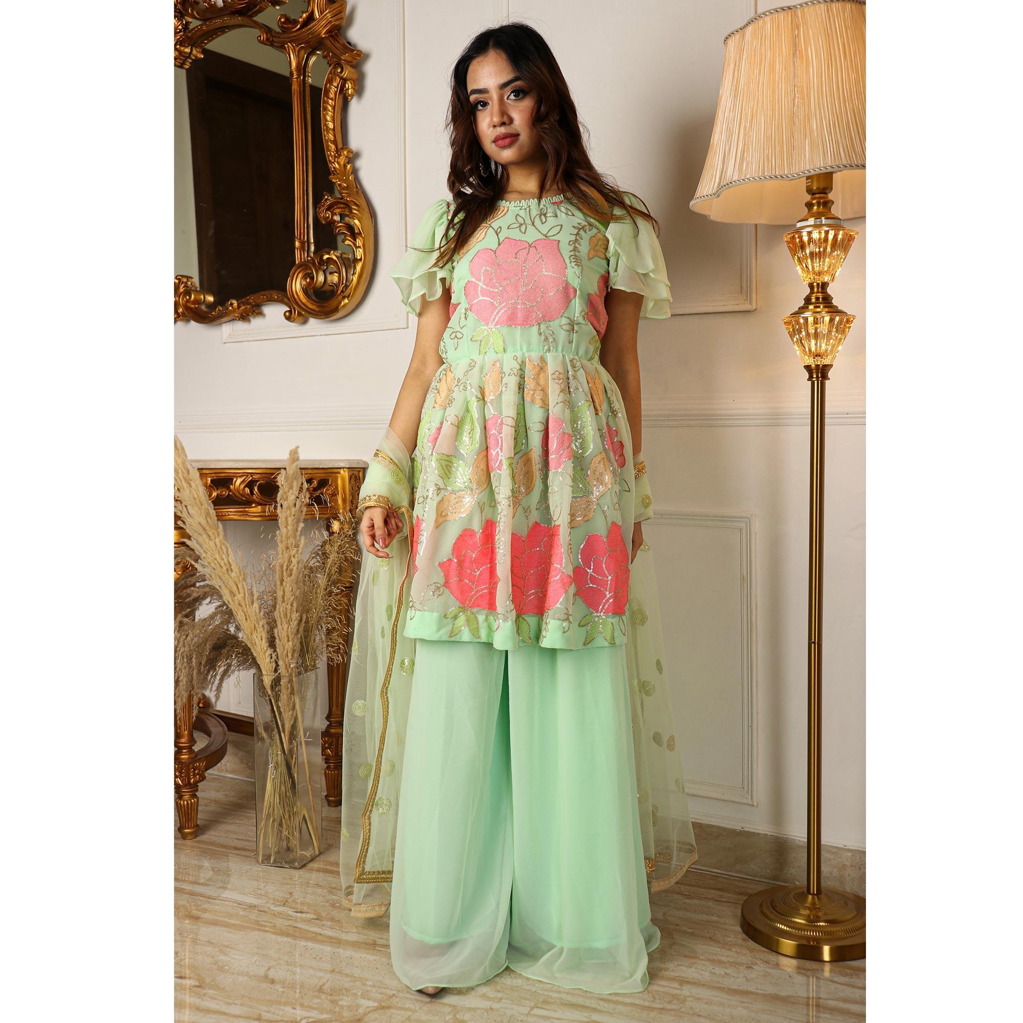 Pista Green Partywear Sequence Embroidered Georgette Palazzo Suit With Dupatta - Peachmode