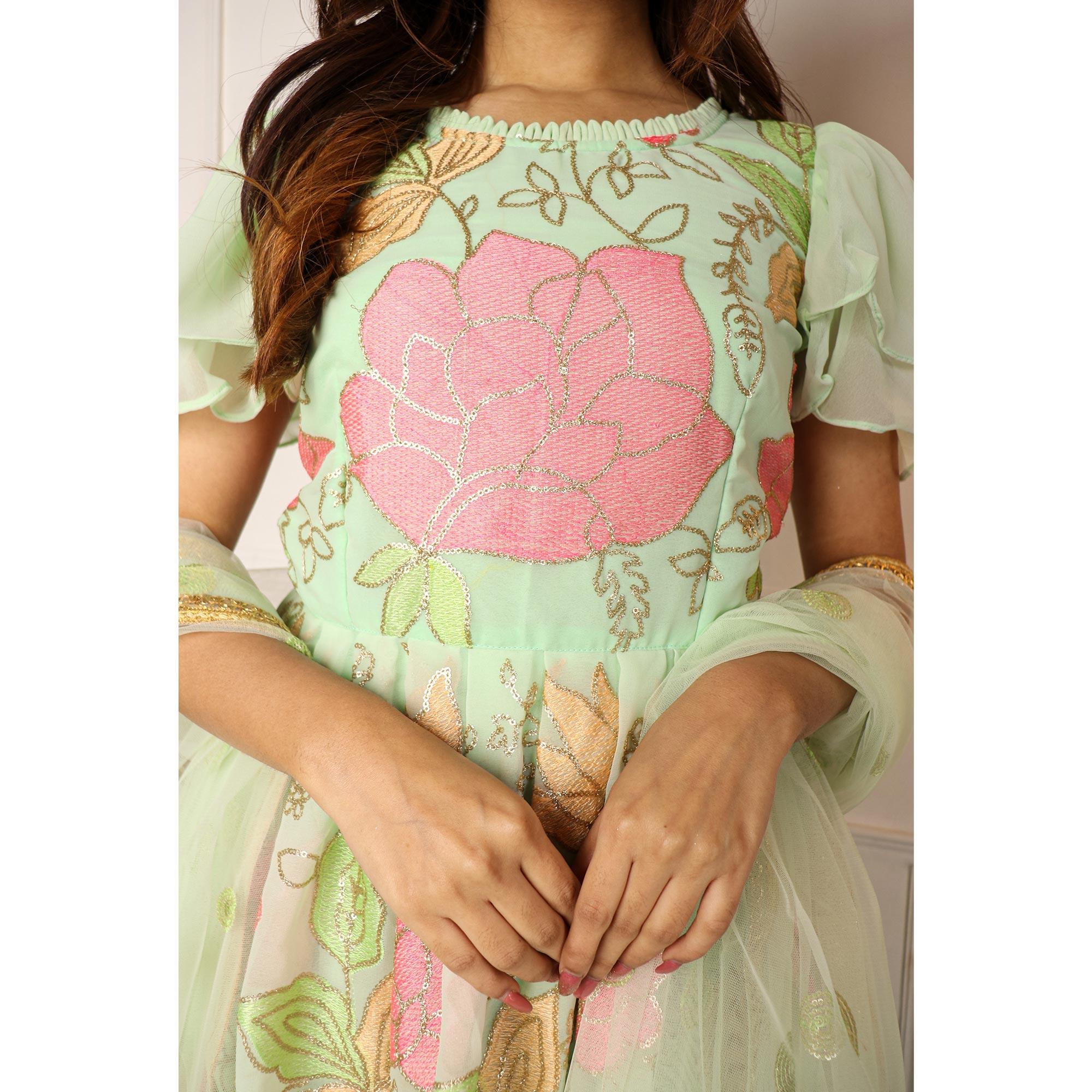 Pista Green Partywear Sequence Embroidered Georgette Palazzo Suit With Dupatta - Peachmode