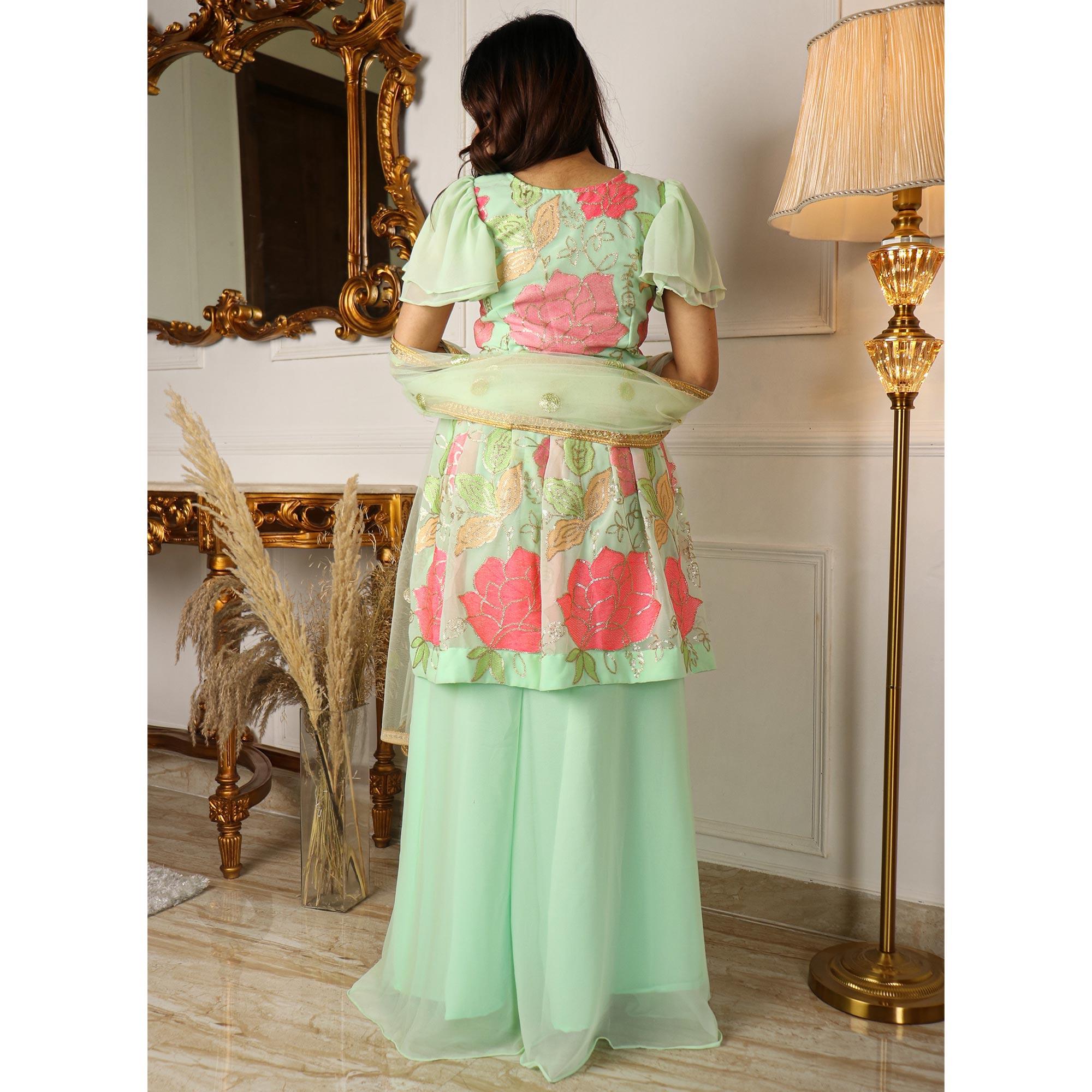 Pista Green Partywear Sequence Embroidered Georgette Palazzo Suit With Dupatta - Peachmode