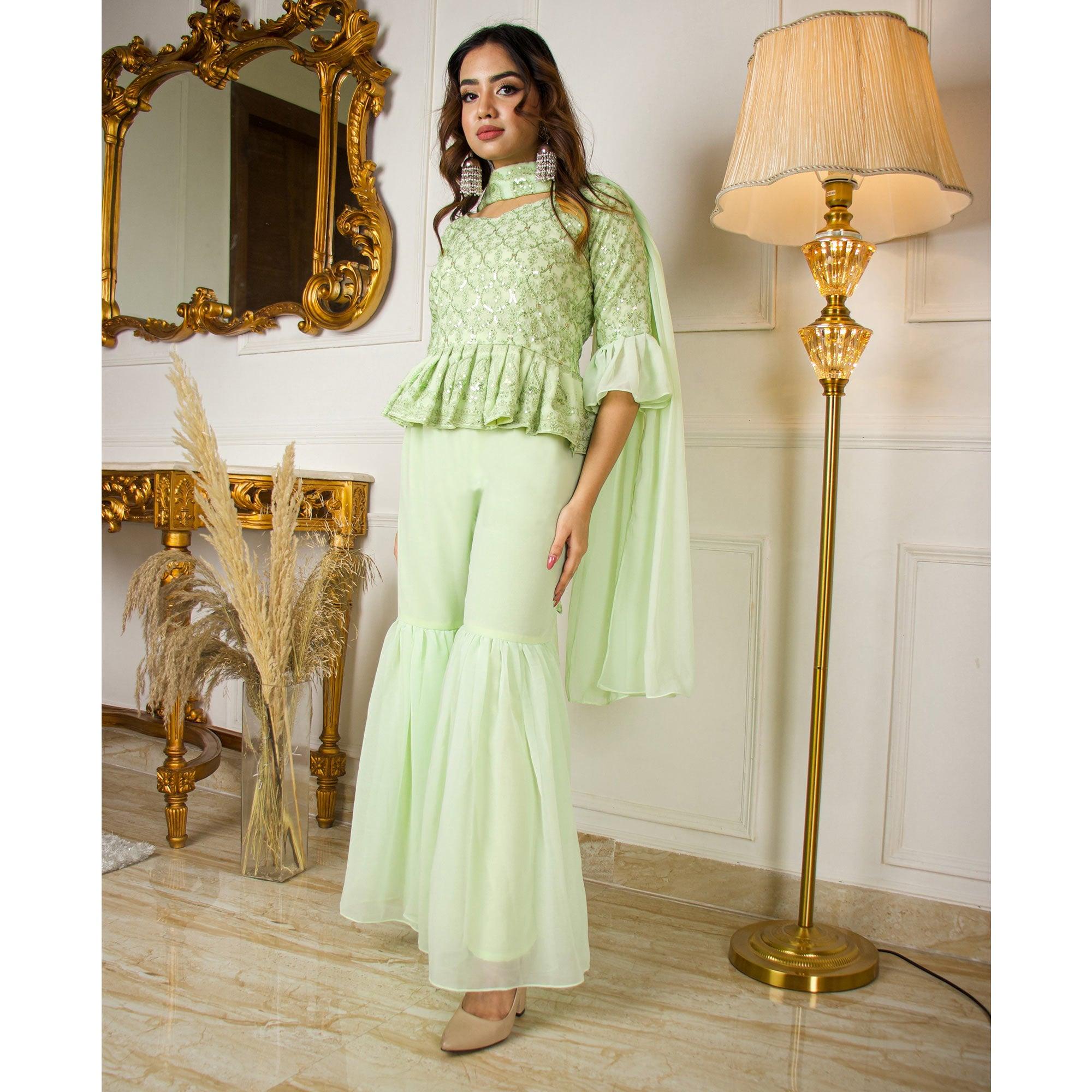 Pista Green Partywear Sequence Embroidered Georgette Sharara Suit - Peachmode