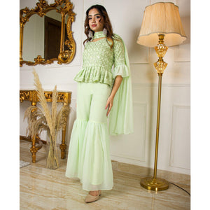 Pista Green Partywear Sequence Embroidered Georgette Sharara Suit - Peachmode