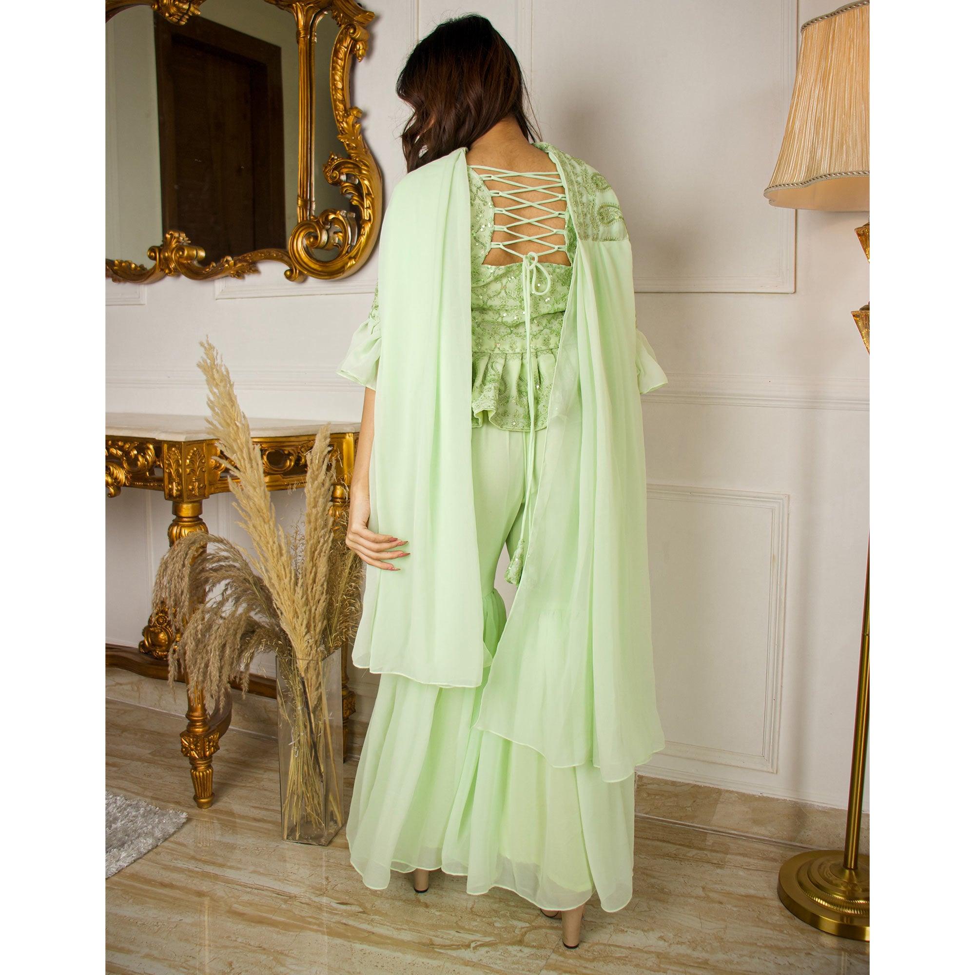 Pista Green Partywear Sequence Embroidered Georgette Sharara Suit - Peachmode