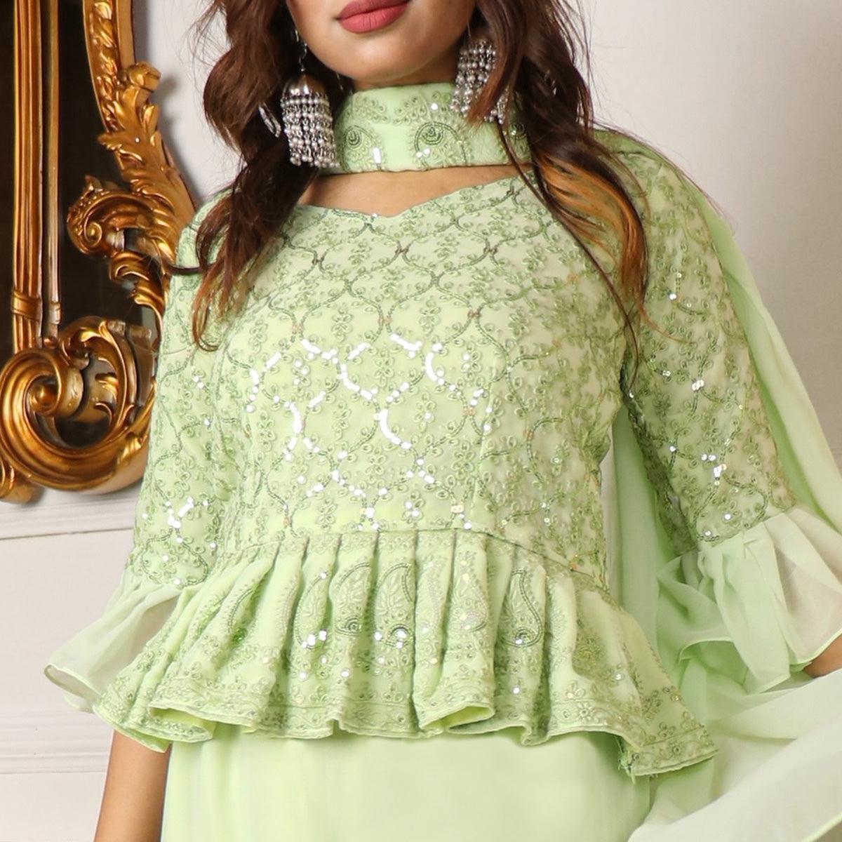 Pista Green Partywear Sequence Embroidered Georgette Sharara Suit - Peachmode