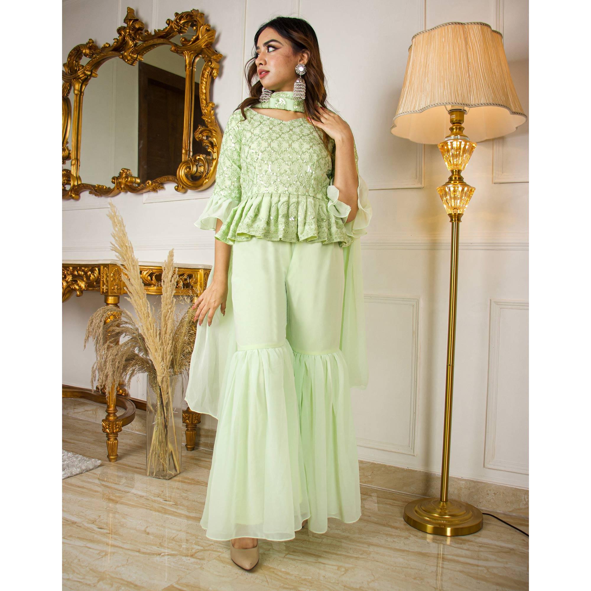Pista Green Partywear Sequence Embroidered Georgette Sharara Suit - Peachmode