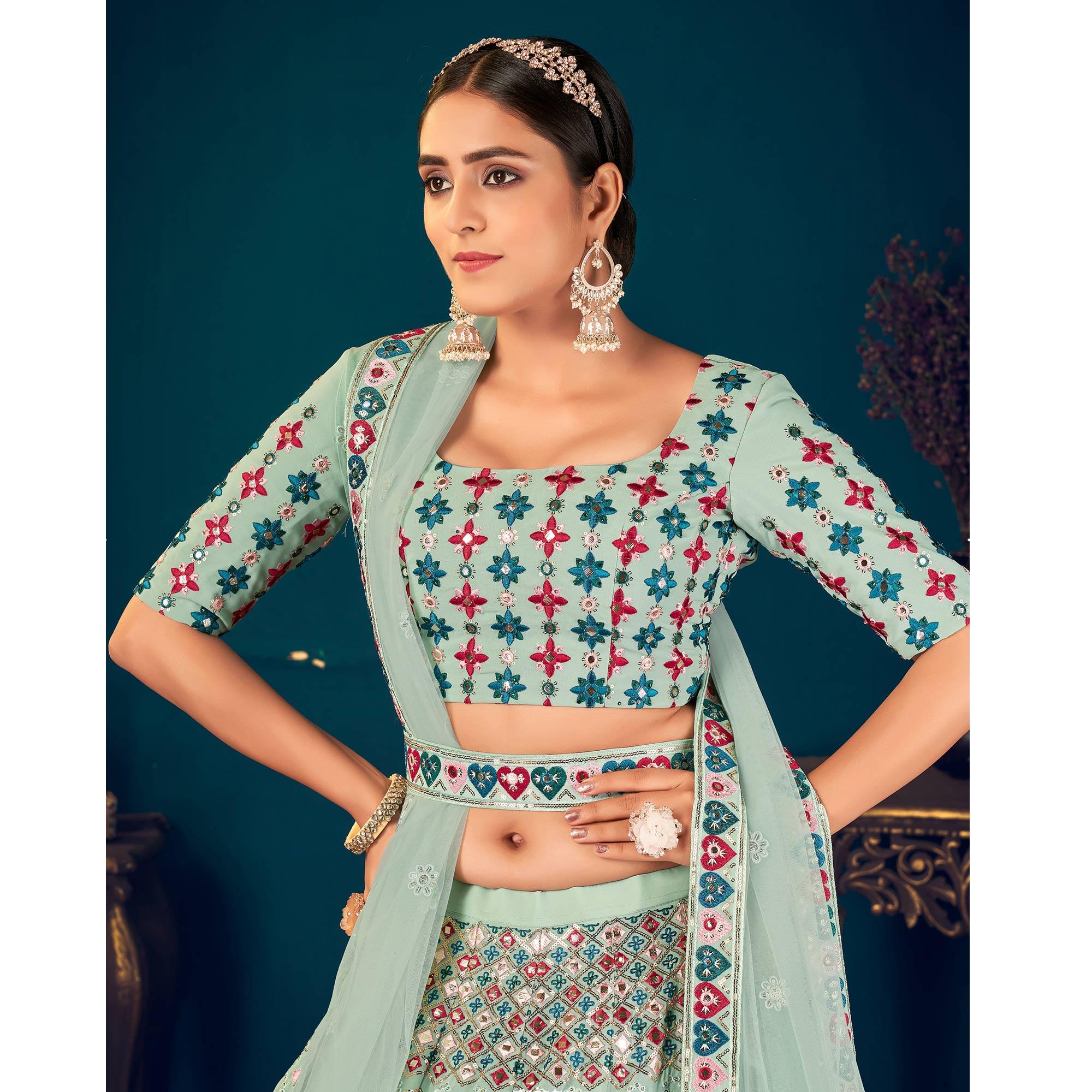Pista Green Partywear Sequence With Gotta Patti Embroidered Georgette Lehenga Choli - Peachmode