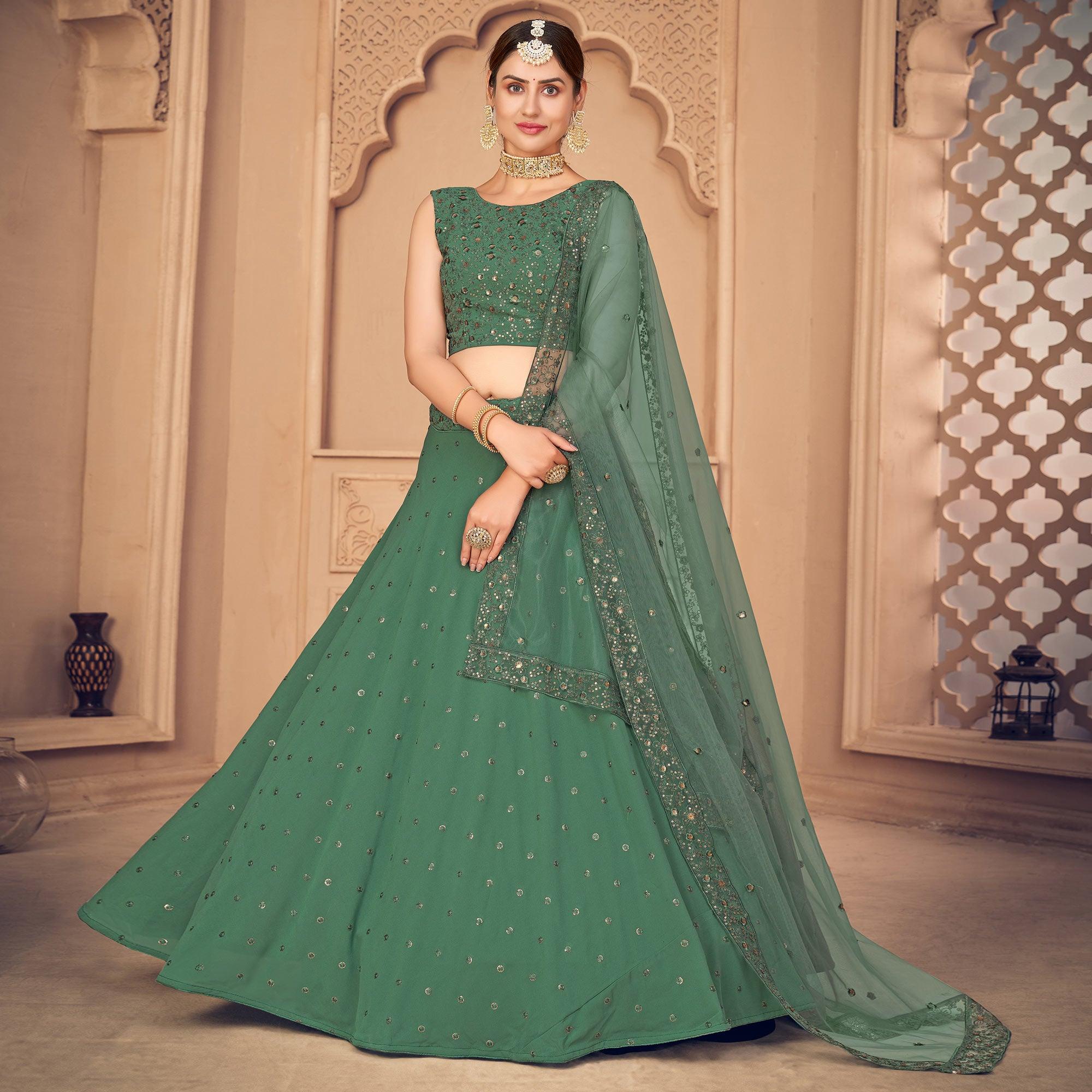 Pista Green Partywear Thread With Sequence Floral Embroidered Georgette Lehenga Choli - Peachmode