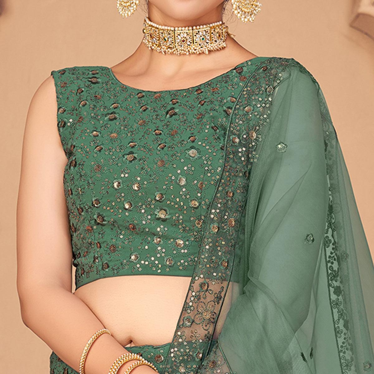 Pista Green Partywear Thread With Sequence Floral Embroidered Georgette Lehenga Choli - Peachmode