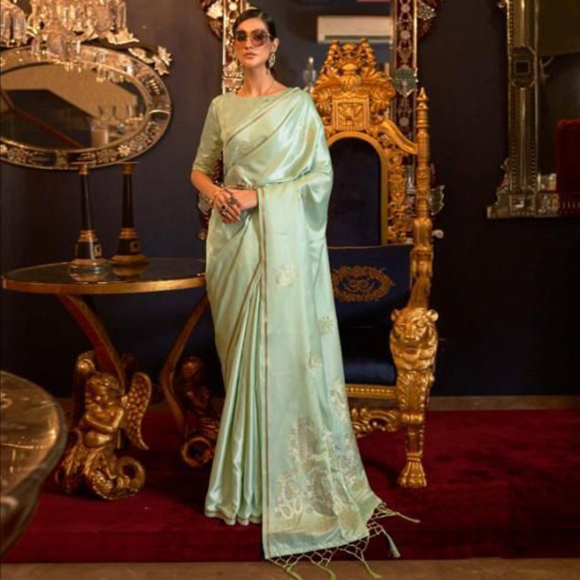 Pista Green Partywear Woven Satin Saree - Peachmode