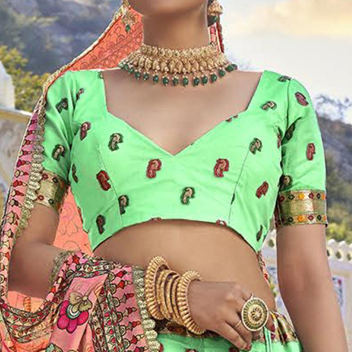 Pista Green Printed Organza Lehenga Choli - Peachmode