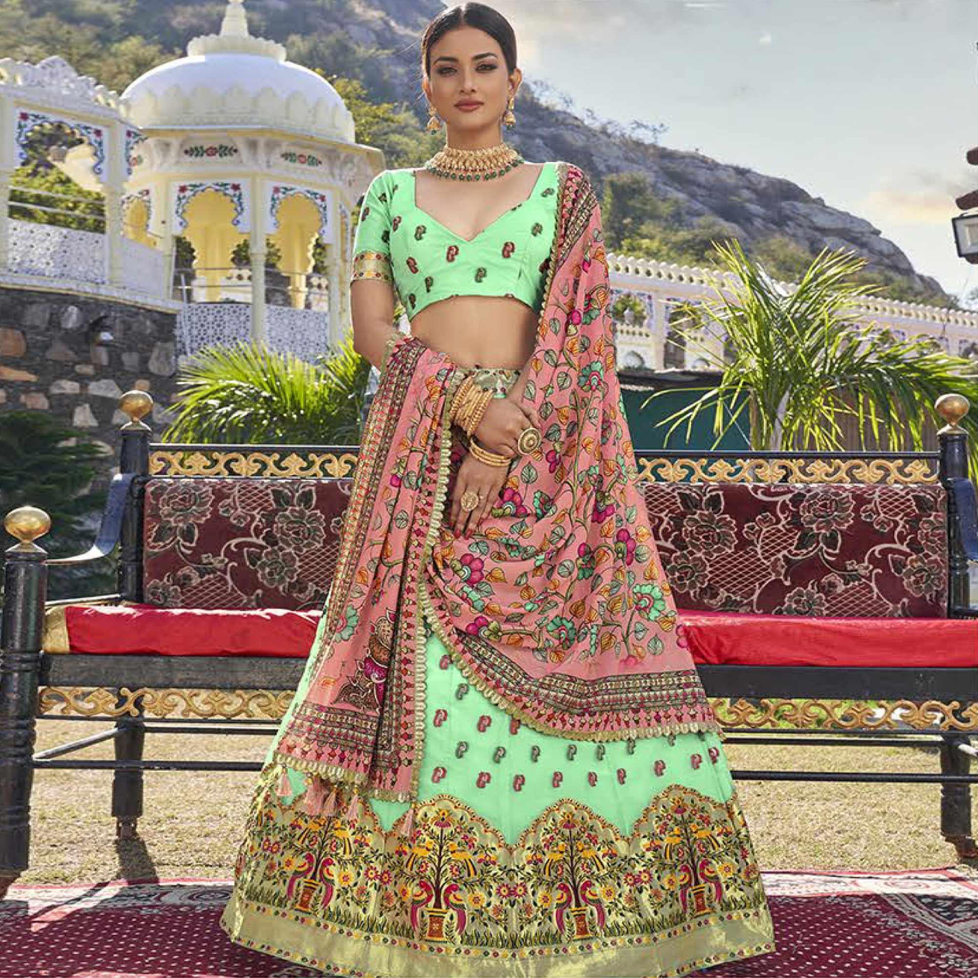 Pista Green Printed Organza Lehenga Choli - Peachmode