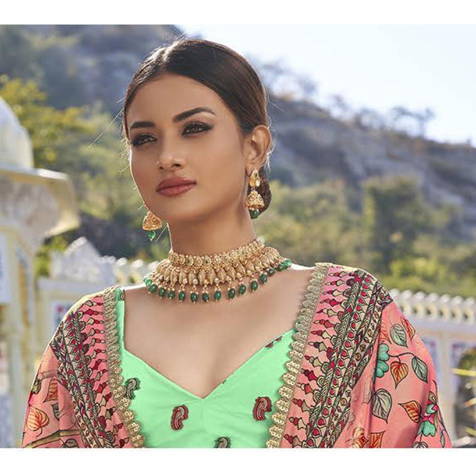 Pista Green Printed Organza Lehenga Choli - Peachmode
