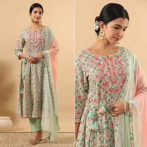Pista Green Printed Pure Cotton Anarkali Suit - Peachmode