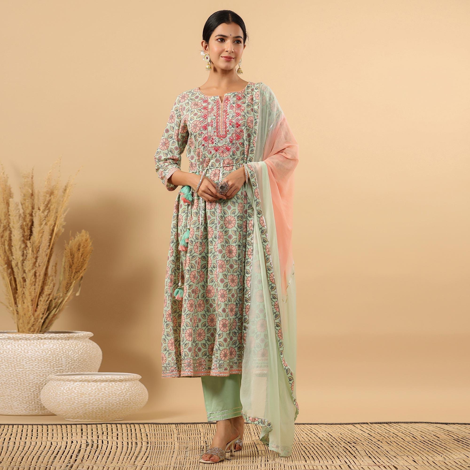 Pista Green Printed Pure Cotton Anarkali Suit - Peachmode
