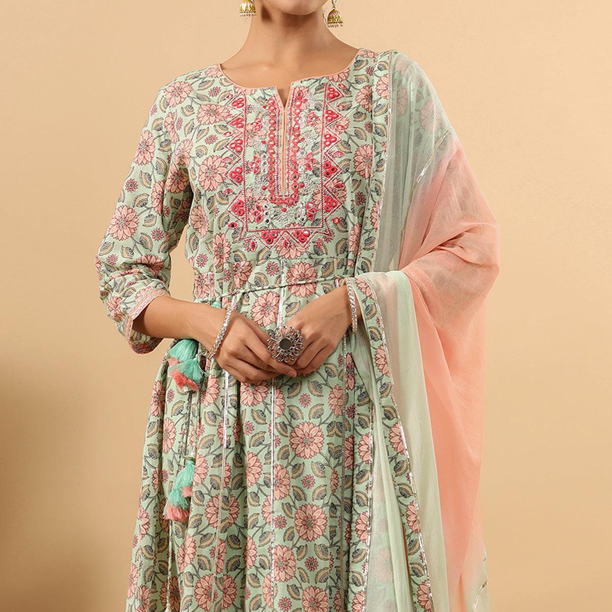 Pista Green Printed Pure Cotton Anarkali Suit - Peachmode