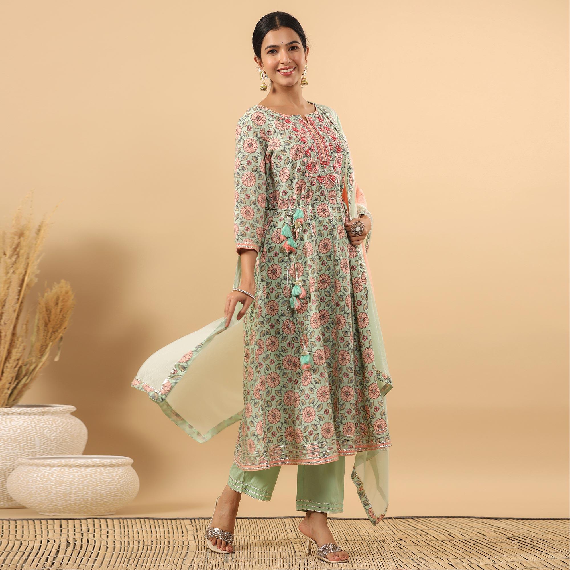 Pista Green Printed Pure Cotton Anarkali Suit - Peachmode