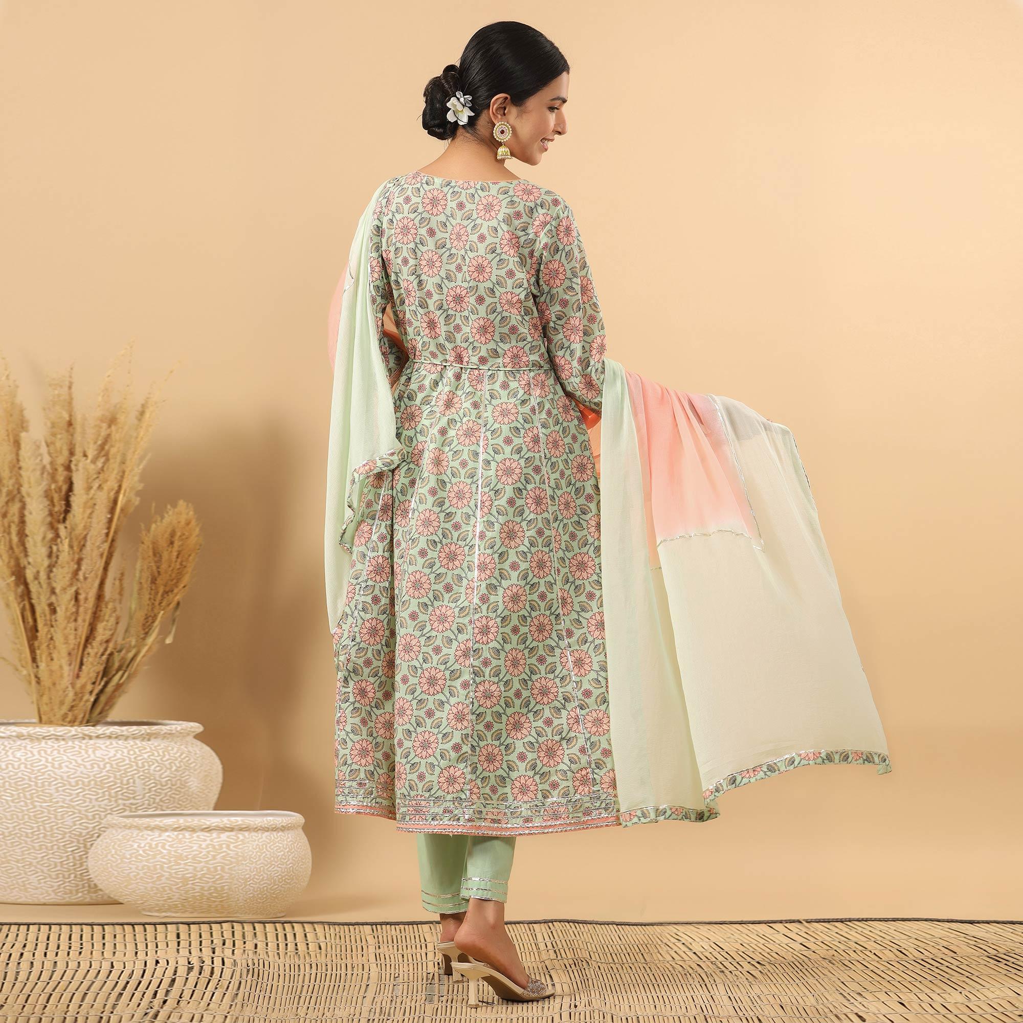 Pista Green Printed Pure Cotton Anarkali Suit - Peachmode
