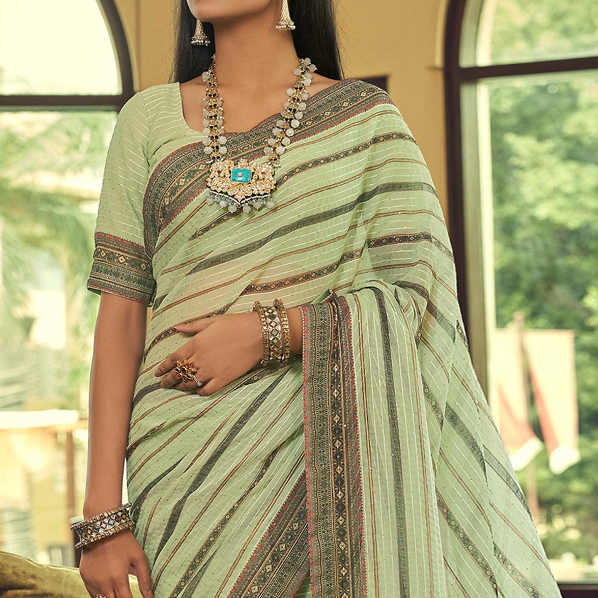 Pista Green Printed With Embellished Georgette Half and Half Saree - Peachmode