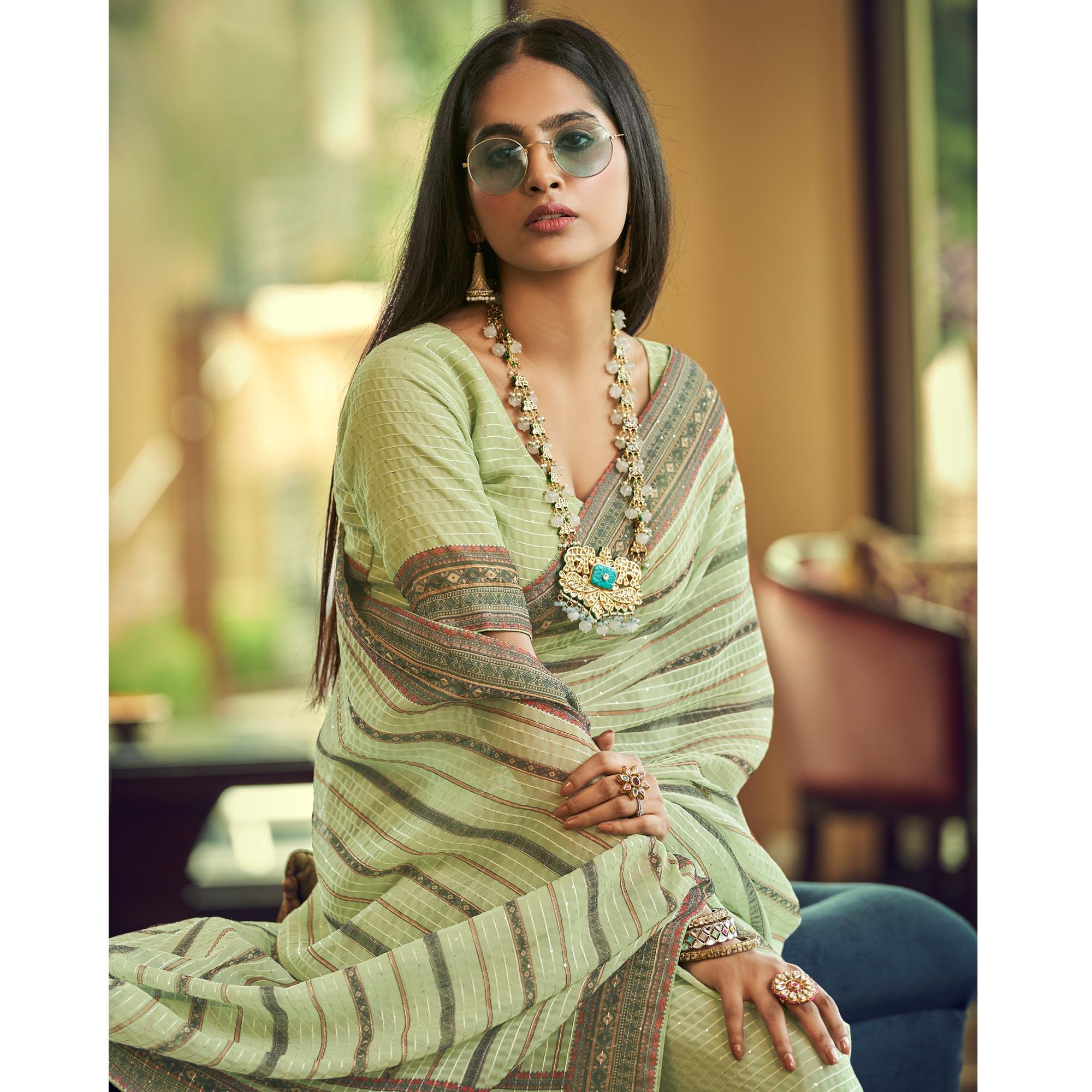Pista Green Printed With Embellished Georgette Half and Half Saree - Peachmode