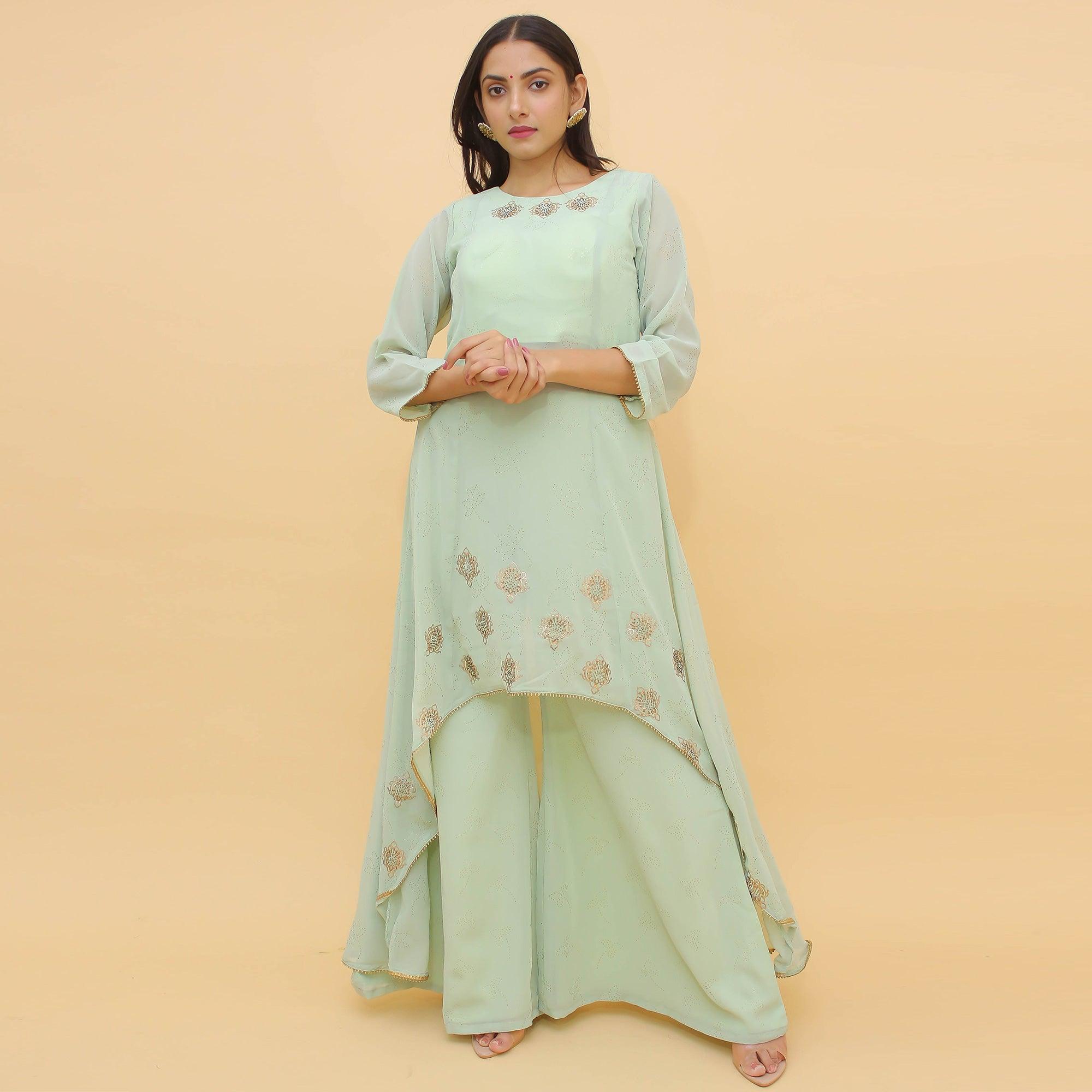 Pista Green Printed With Swarovski Work Georgette Palazzo Suit - Peachmode