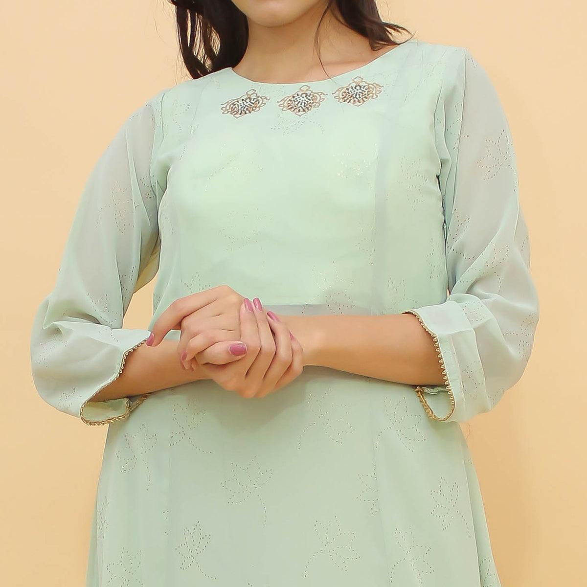 Pista Green Printed With Swarovski Work Georgette Palazzo Suit - Peachmode