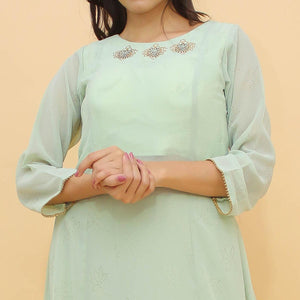 Pista Green Printed With Swarovski Work Georgette Palazzo Suit - Peachmode