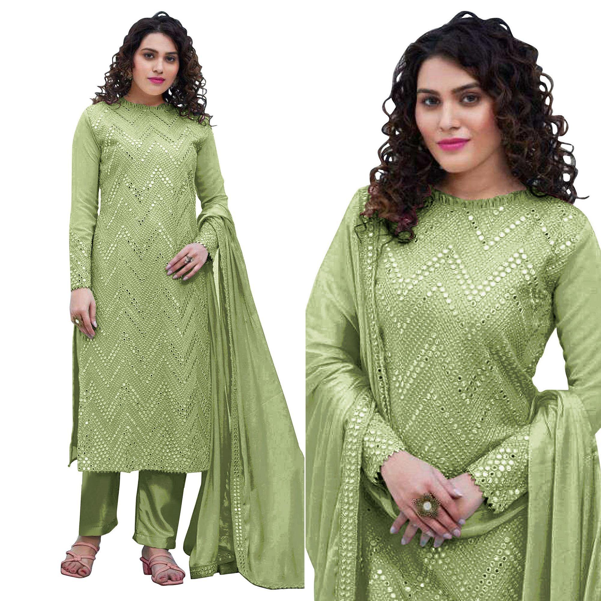 Pista Green Sequence Embroidered Georgette Suit - Peachmode