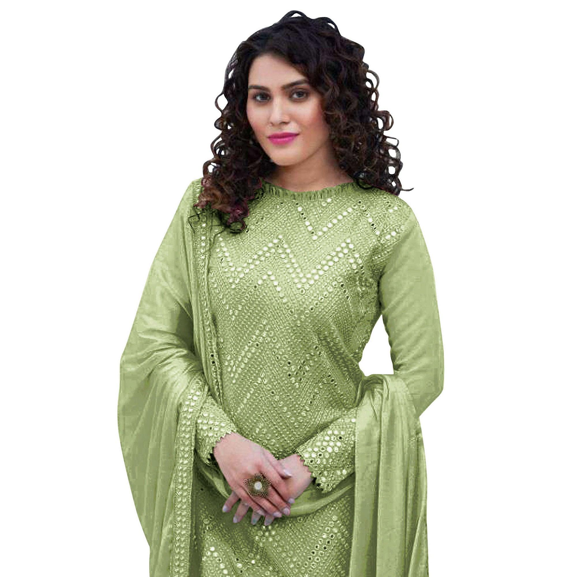 Pista Green Sequence Embroidered Georgette Suit - Peachmode