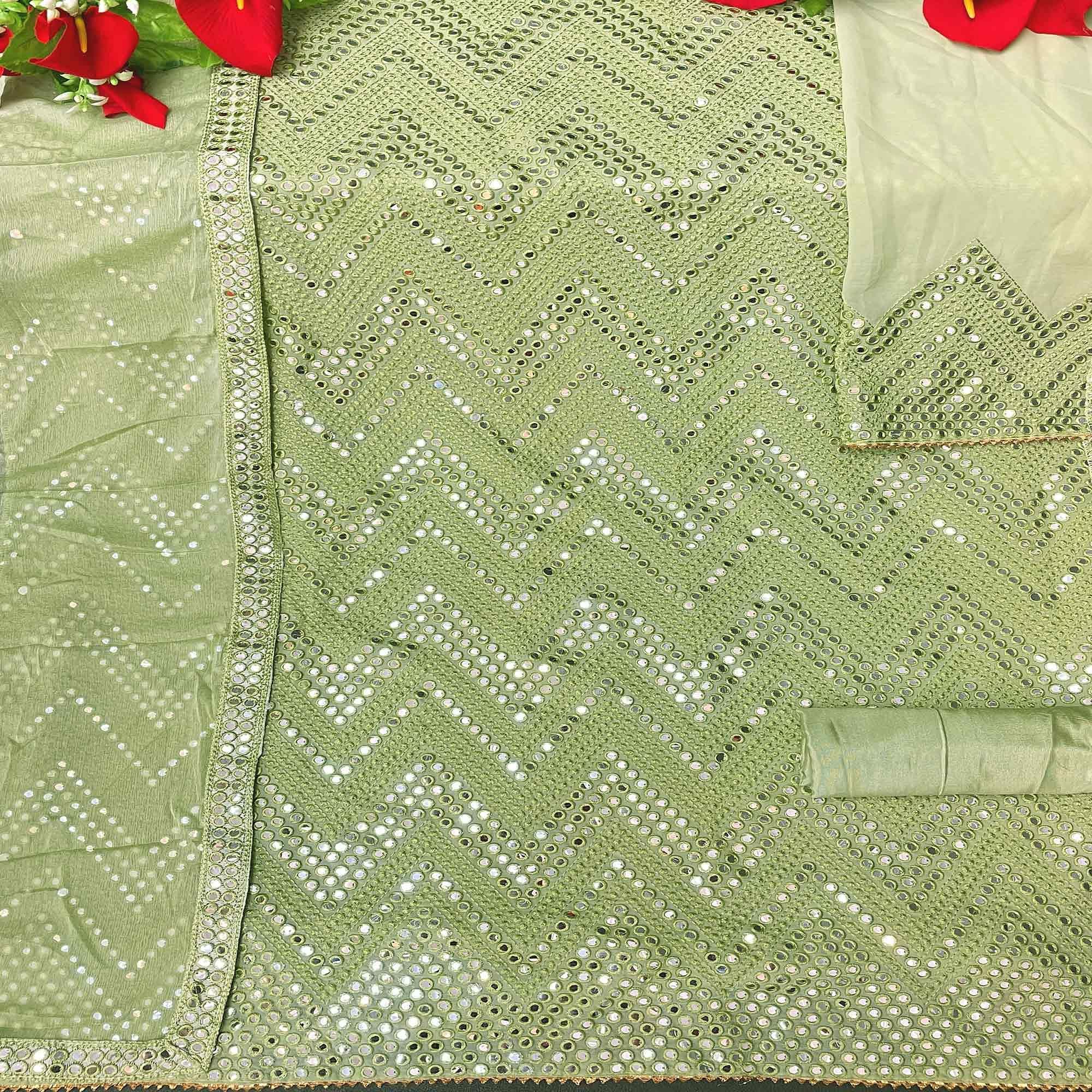Pista Green Sequence Embroidered Georgette Suit - Peachmode
