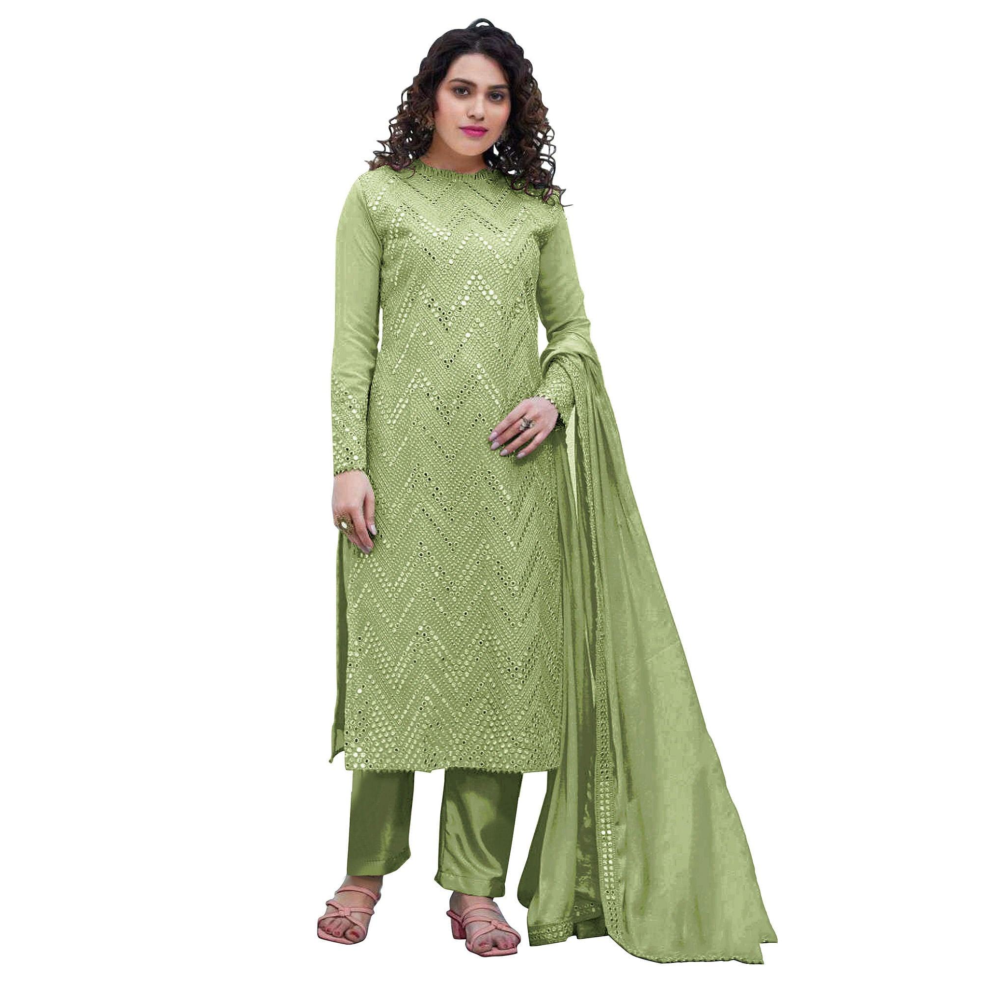 Pista Green Sequence Embroidered Georgette Suit - Peachmode