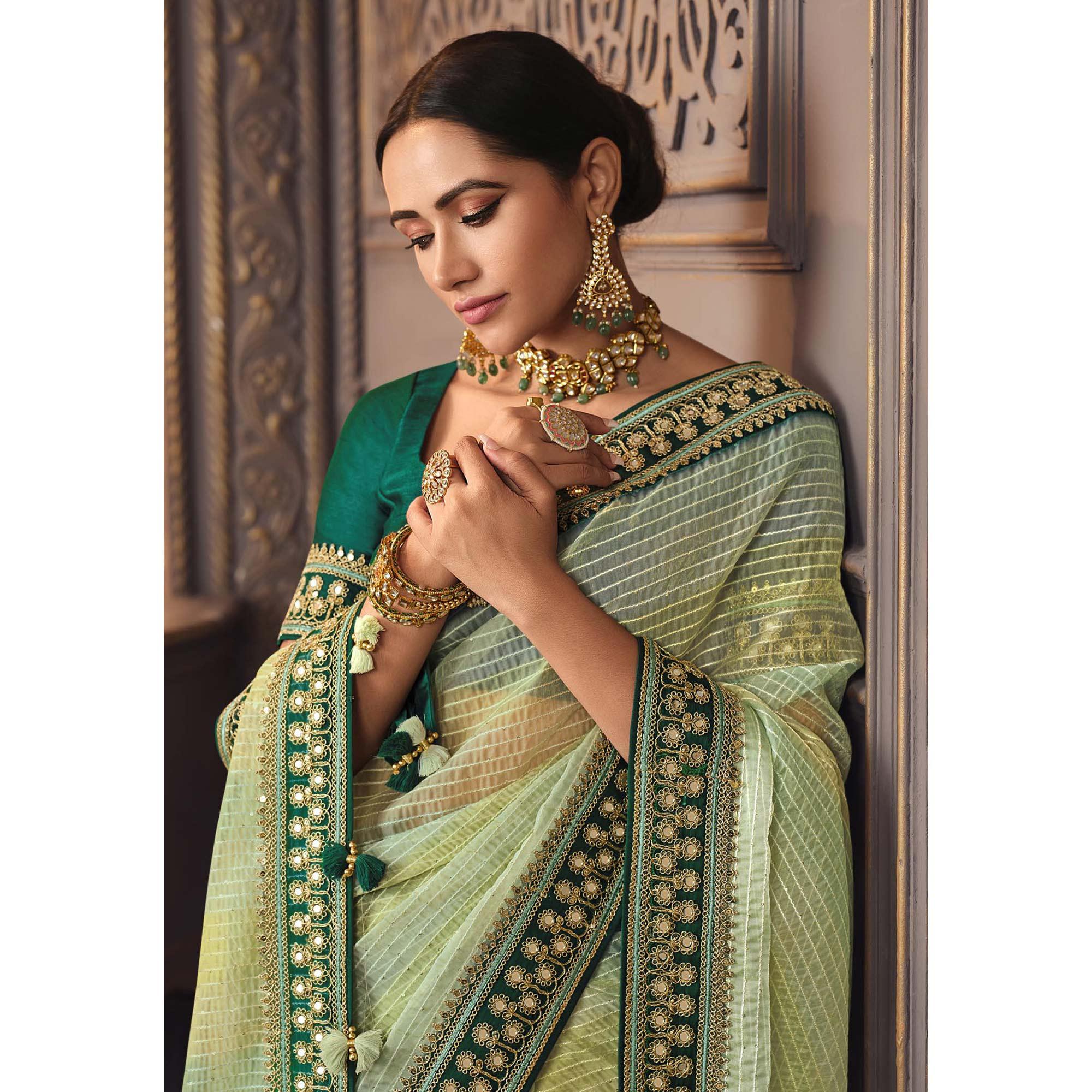 Pista Green Sequence Embroidered Organza Saree - Peachmode