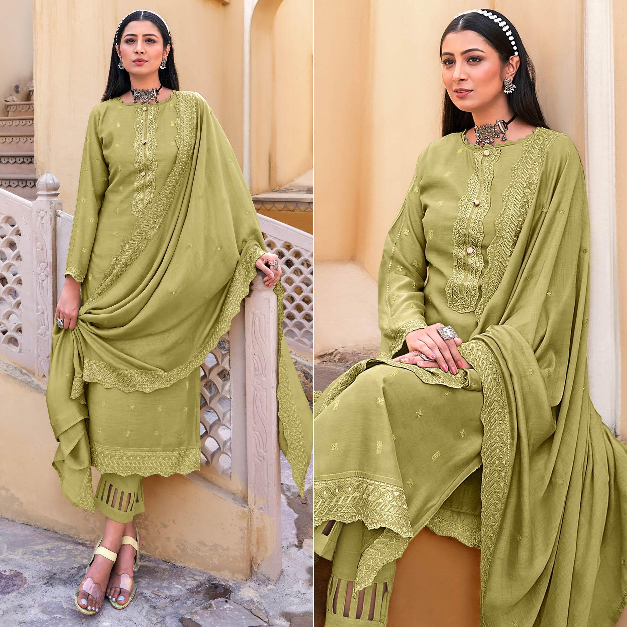 Pista Green Sequence Floral Embroidered Muslin Suit - Peachmode