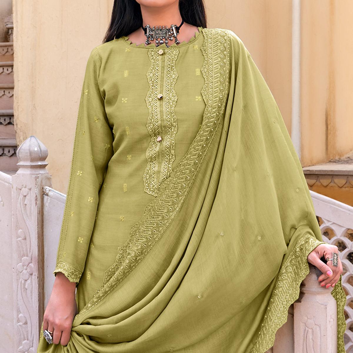 Pista Green Sequence Floral Embroidered Muslin Suit - Peachmode