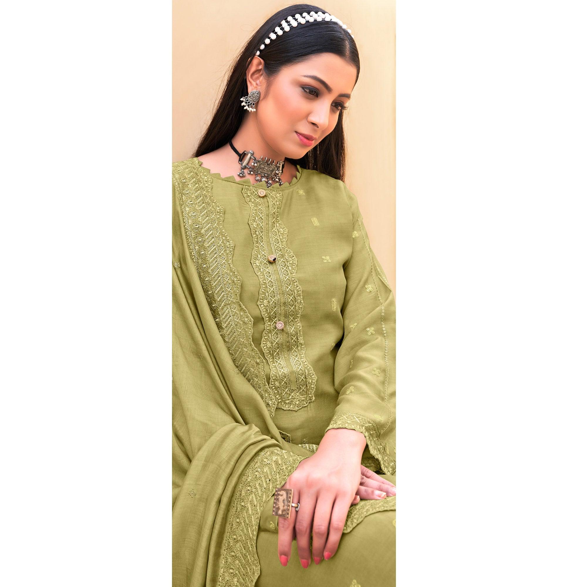 Pista Green Sequence Floral Embroidered Muslin Suit - Peachmode