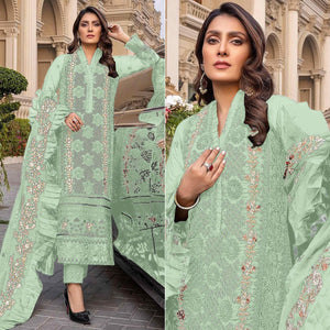 Pista Green Sequence With Floral Embroidered Georgette Pakistani Suit - Peachmode