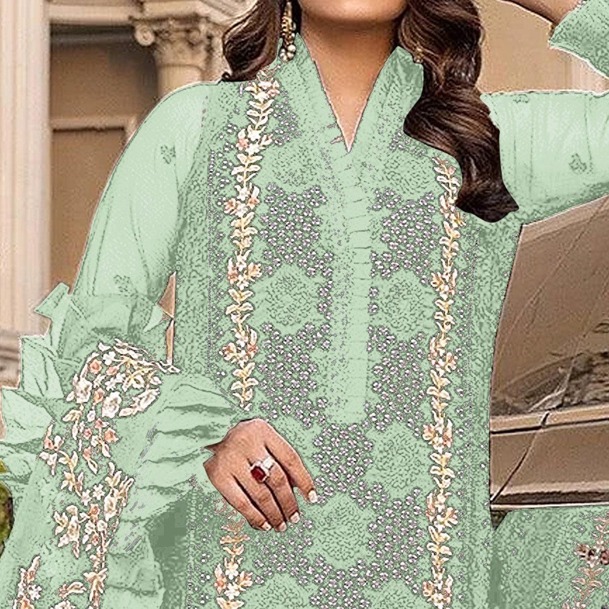 Pista Green Sequence With Floral Embroidered Georgette Pakistani Suit - Peachmode