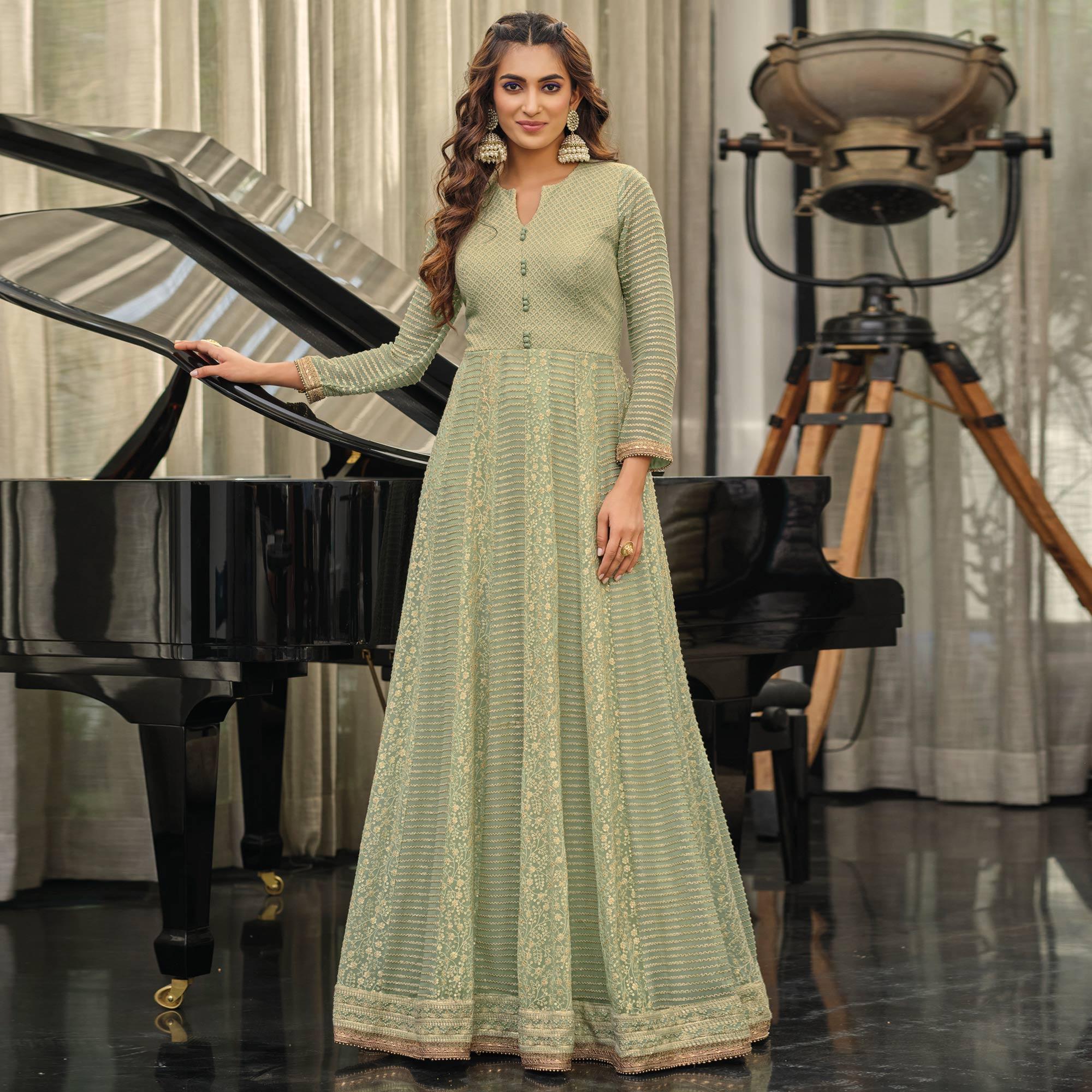 Pista Green Sequins Embroidered Georgette Gown - Peachmode