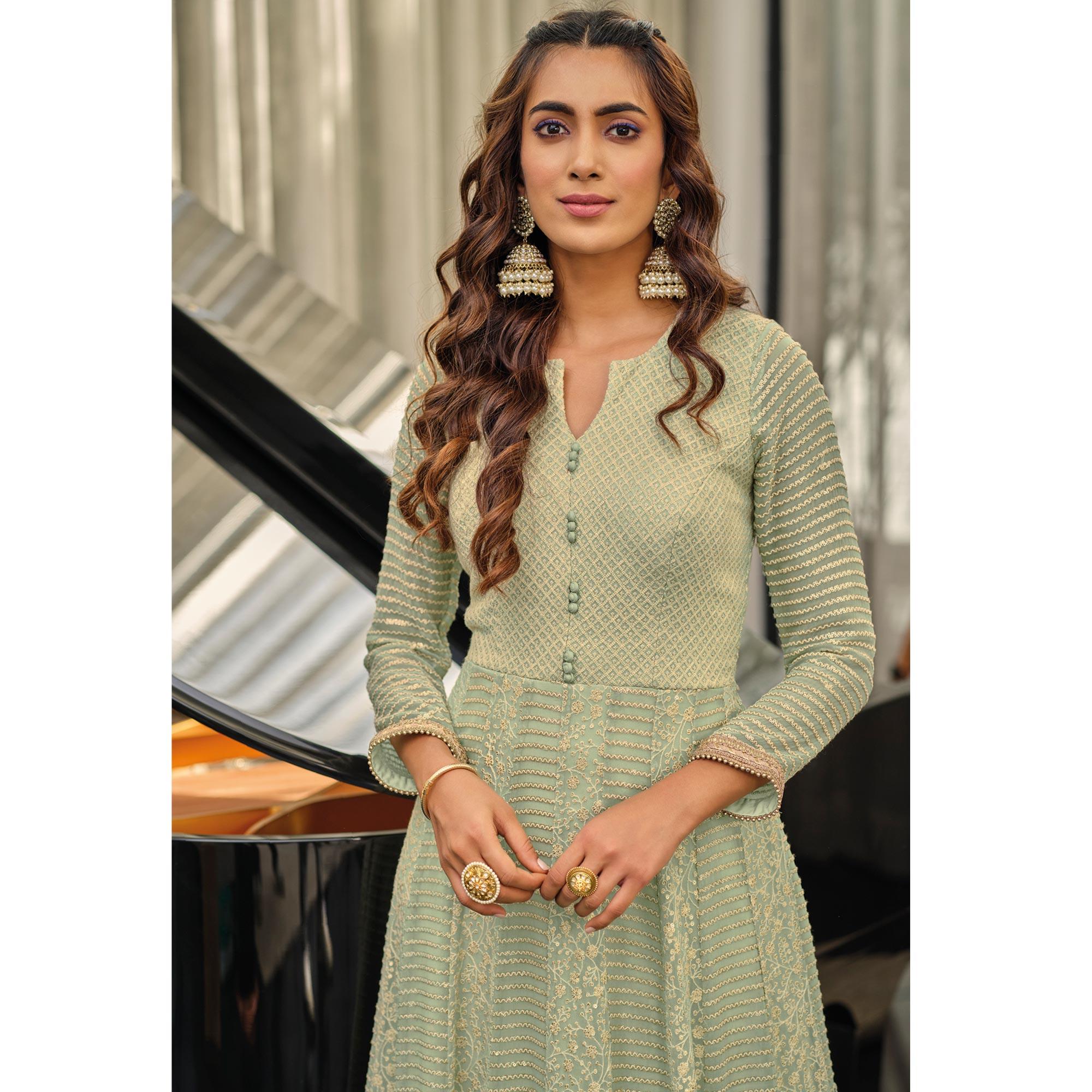 Pista Green Sequins Embroidered Georgette Gown - Peachmode