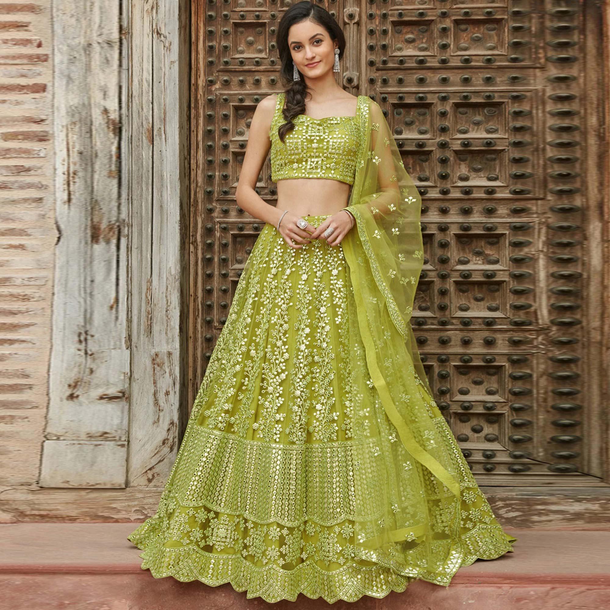 Pista Green Wedding Wear Designer Embroidered Organza Lahenga Choli - Peachmode