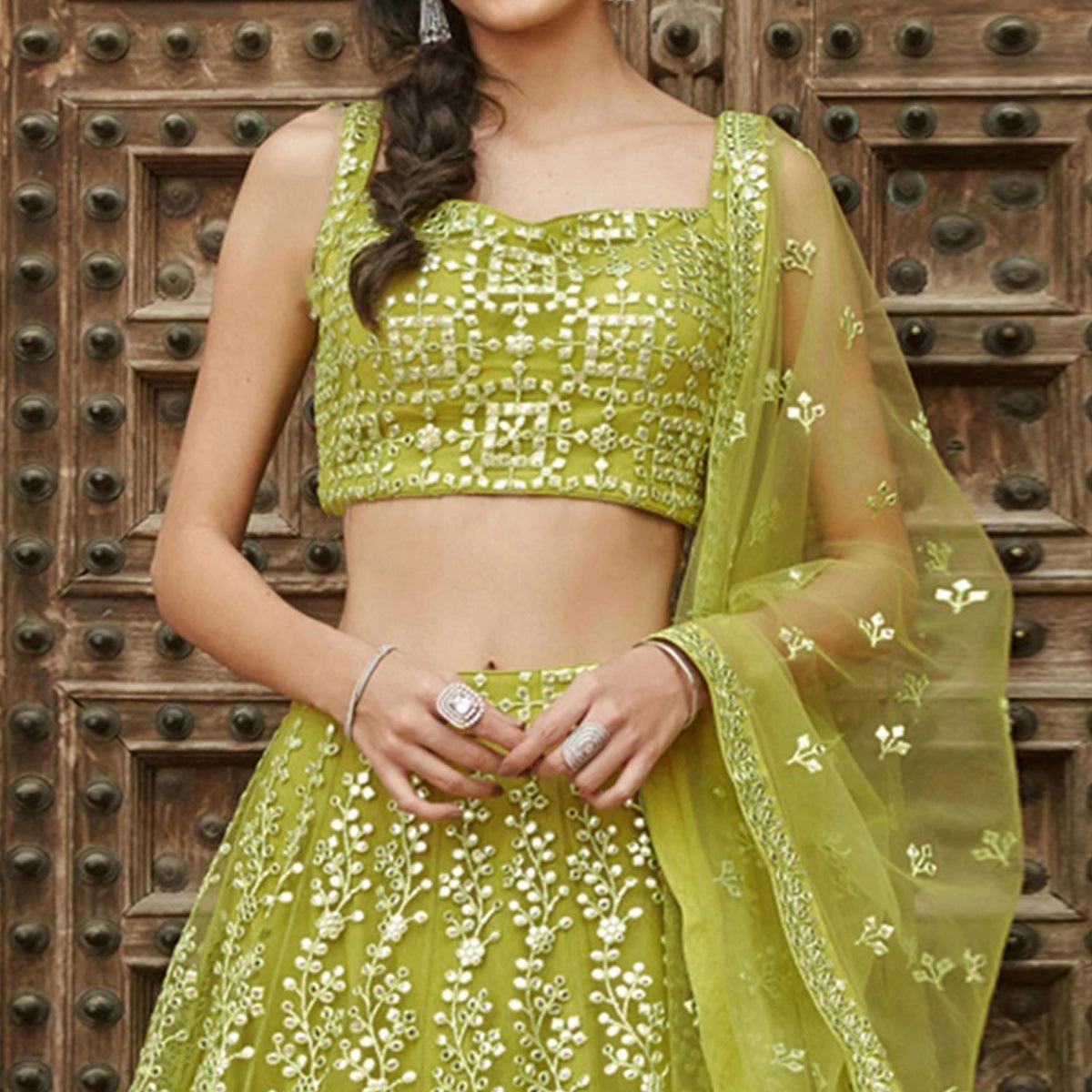 Pista Green Wedding Wear Designer Embroidered Organza Lahenga Choli - Peachmode